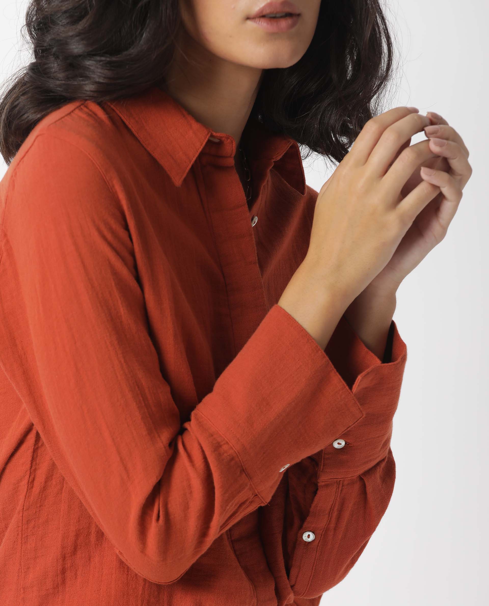 Rareism Womens Lock Rust Top Cotton Fabric Regular Fit Cuffed Sleeve Collared Neck
