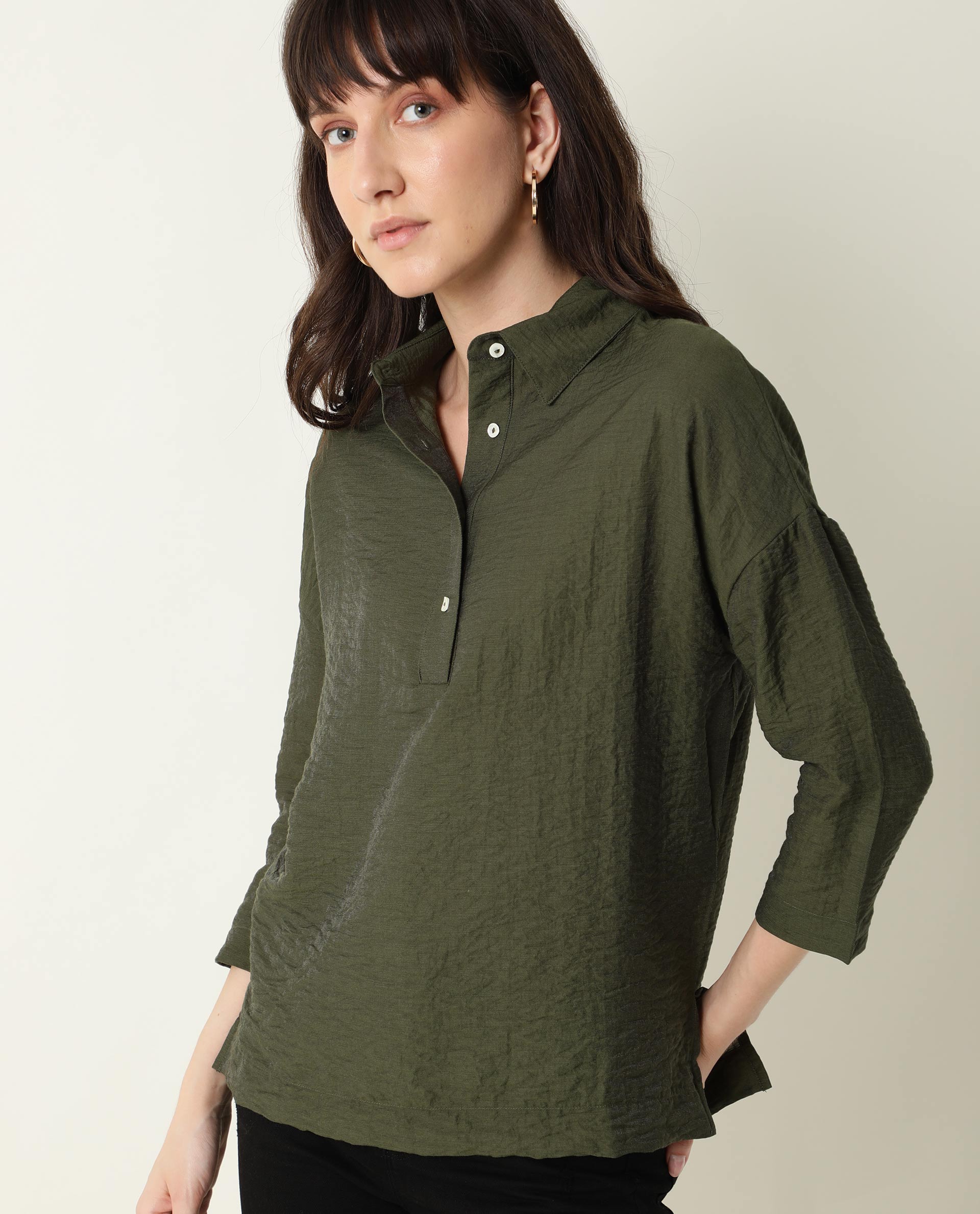 Rareism Women Velyn Dark Green Polyester Fabric Relaxed Fit Collared Neck Full Sleeves Textured Top