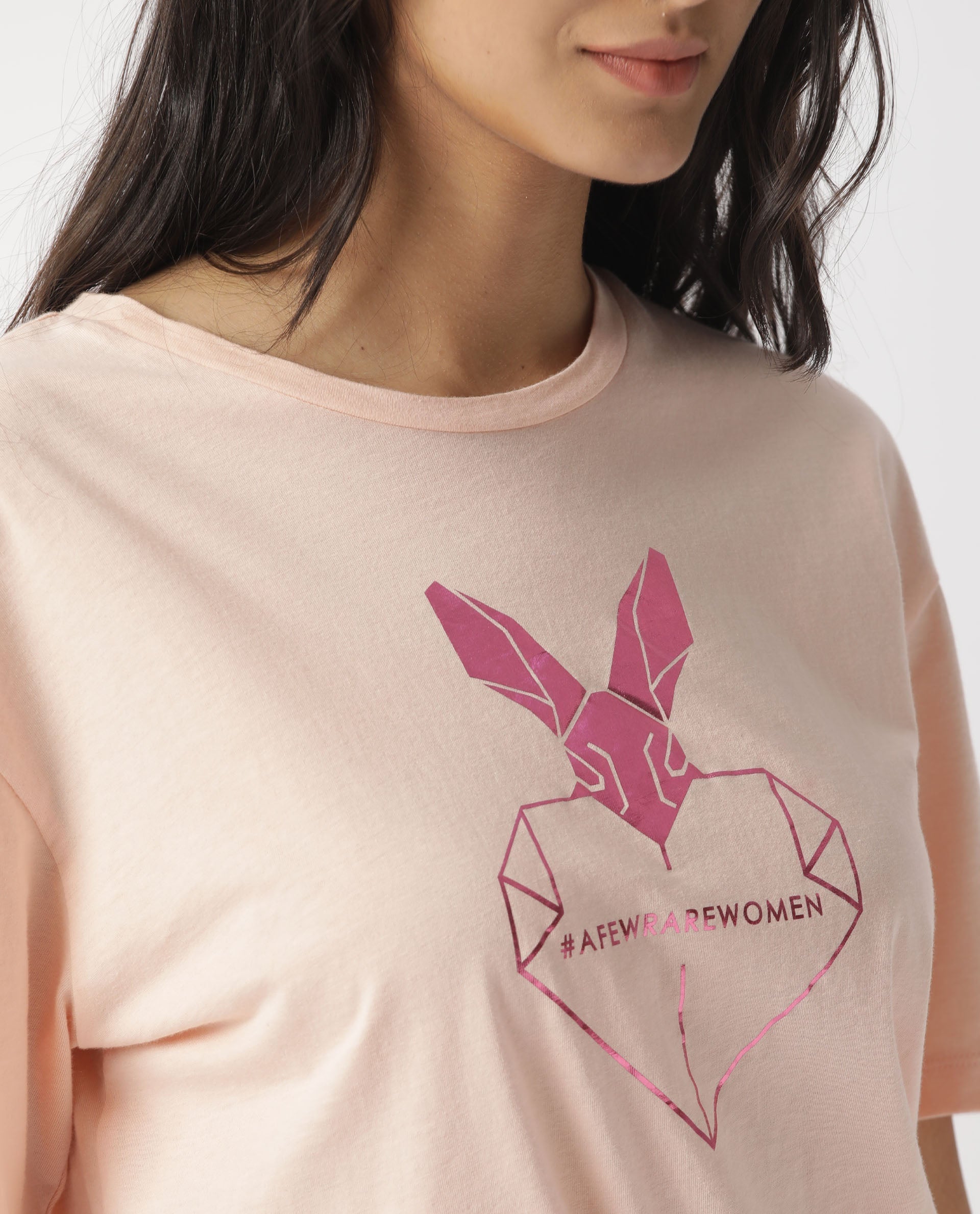 Rareism Women Love Pink Cotton Fabric Regular Fit Half Sleeves Graphic Print Crew Neck T-Shirt