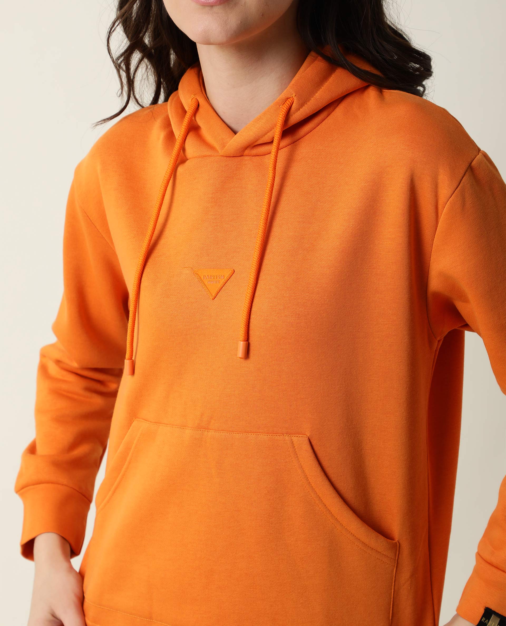 Rareism Women's Wally-1 Orange Cotton Blend Hooded Plain Relaxed Fit Sweatshirt