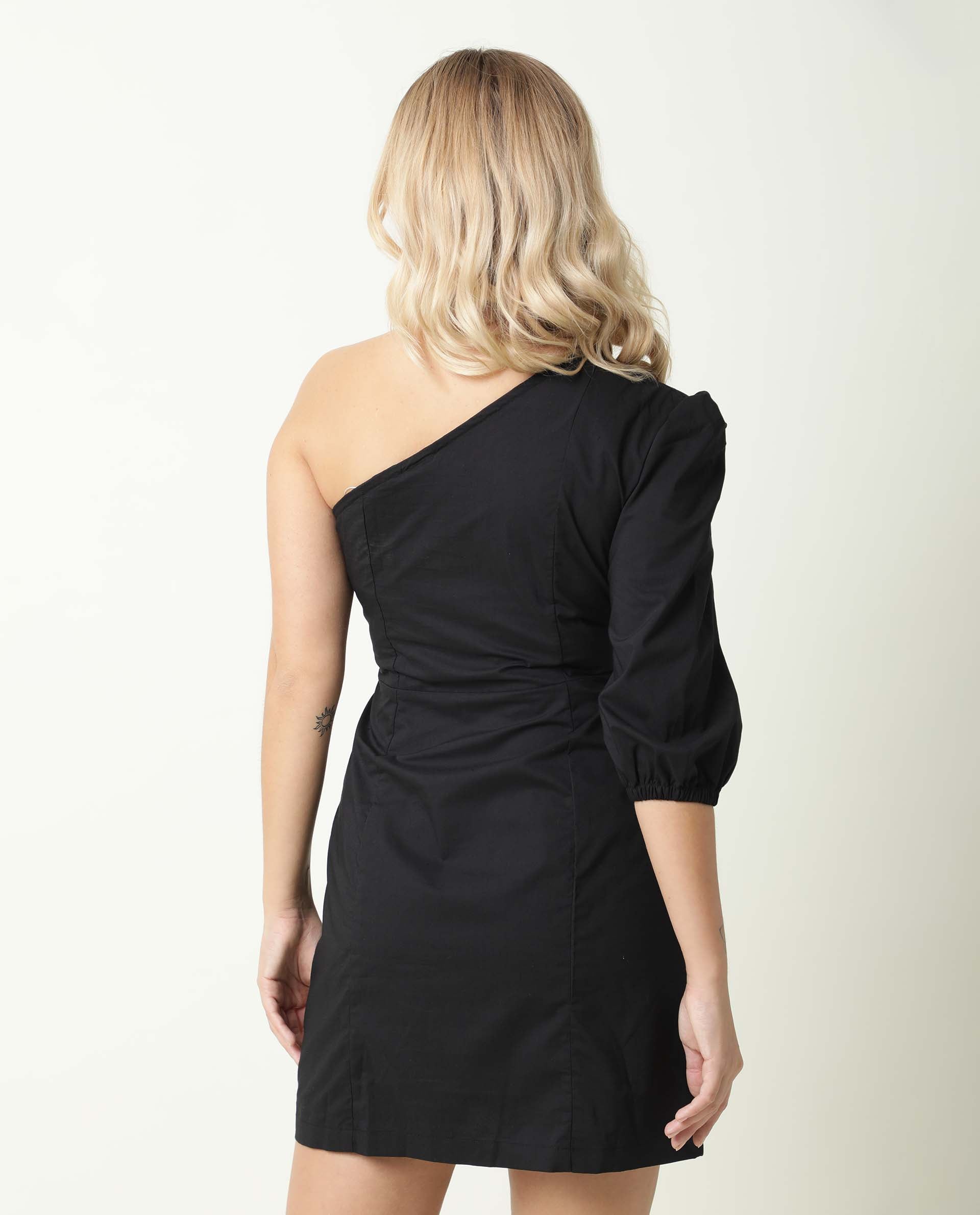 Rareism Women Floris Black One Shoulder Puffed Sleeve Fabric Tie Up Belt Mini Dress