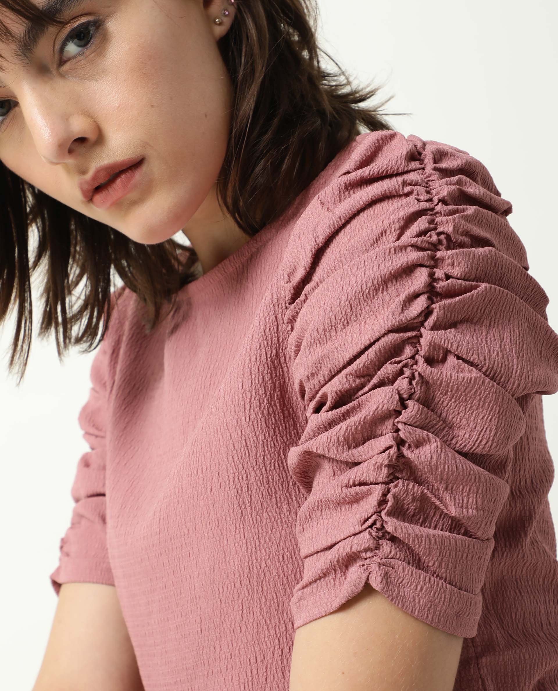 Rareism Women Frozen Brown Cotton Fabric Regular Fit Boat Neck Half Sleeves Solid Top