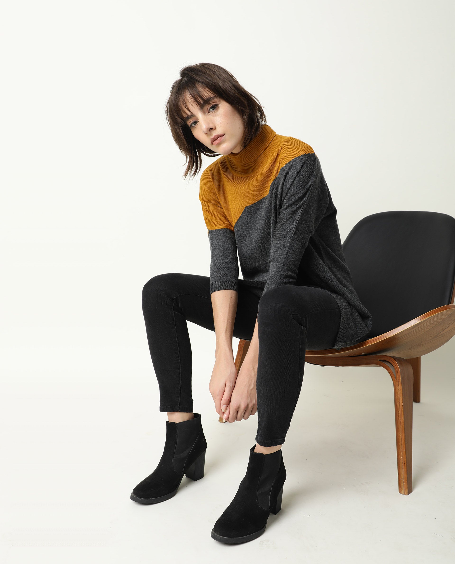 Rareism Women's Spaton Grey Acrylic High Neck Color Block Knee Length Regular Fit Sweater