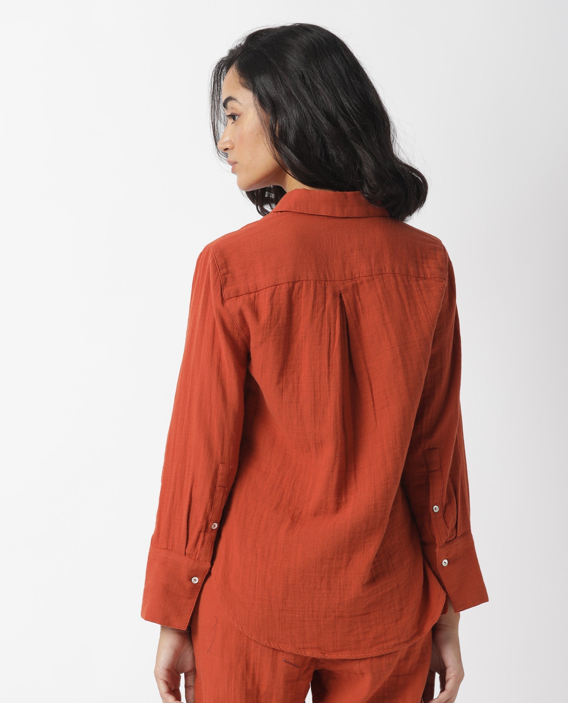 Rareism Womens Lock Rust Top Cotton Fabric Regular Fit Cuffed Sleeve Collared Neck