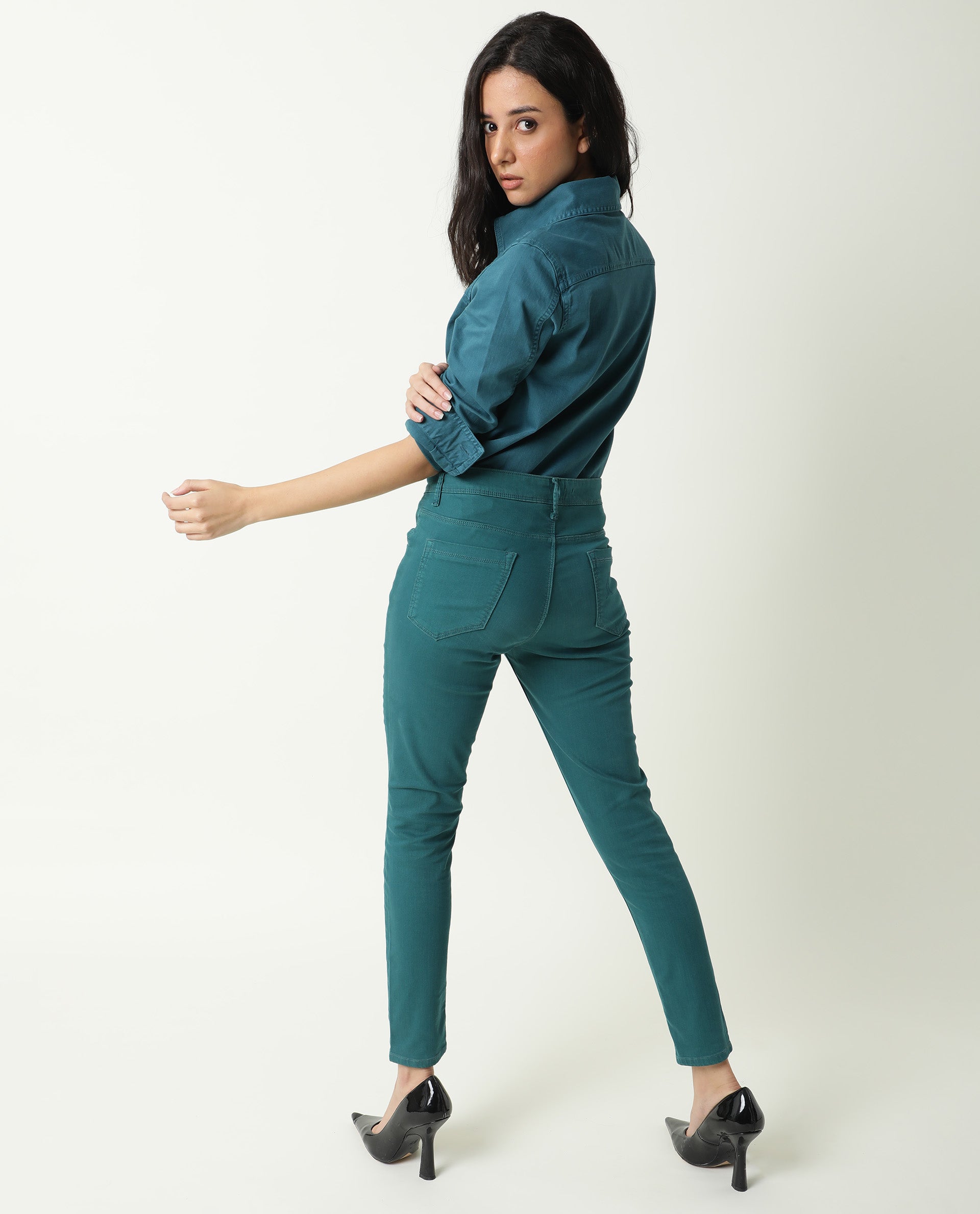 Rareism Women Mission Petrol Cotton Lycra Fabric Full Sleeves Solid Shirt Collar Jacket
