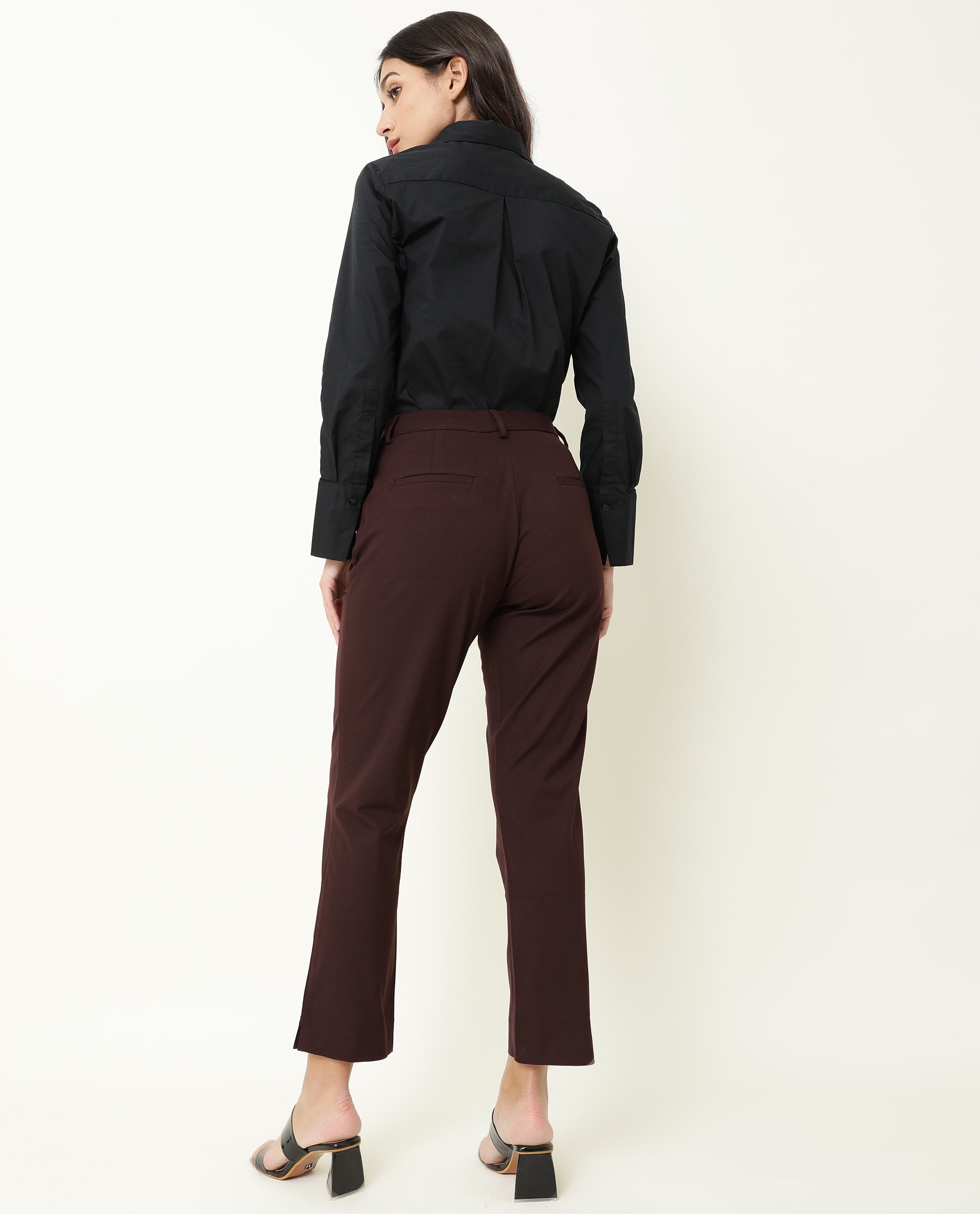 Rareism Women Yard Maroon Poly Cotton Fabric Tailored Fit Mid Rise Solid Ankle Length Trousers