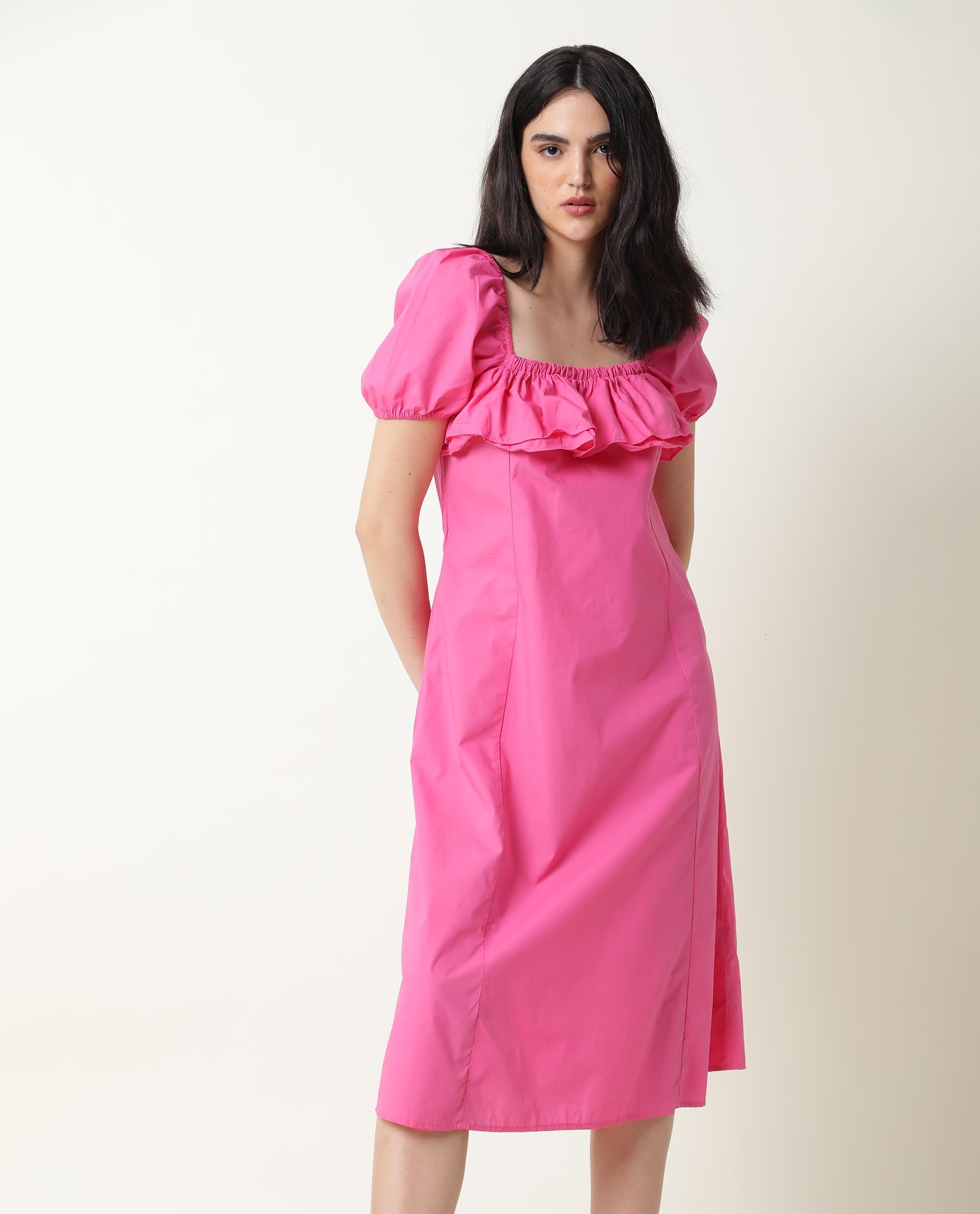 Rareism Women's Varsi Pink Sweetheart Neck Plain Midi Regular Fit Dress