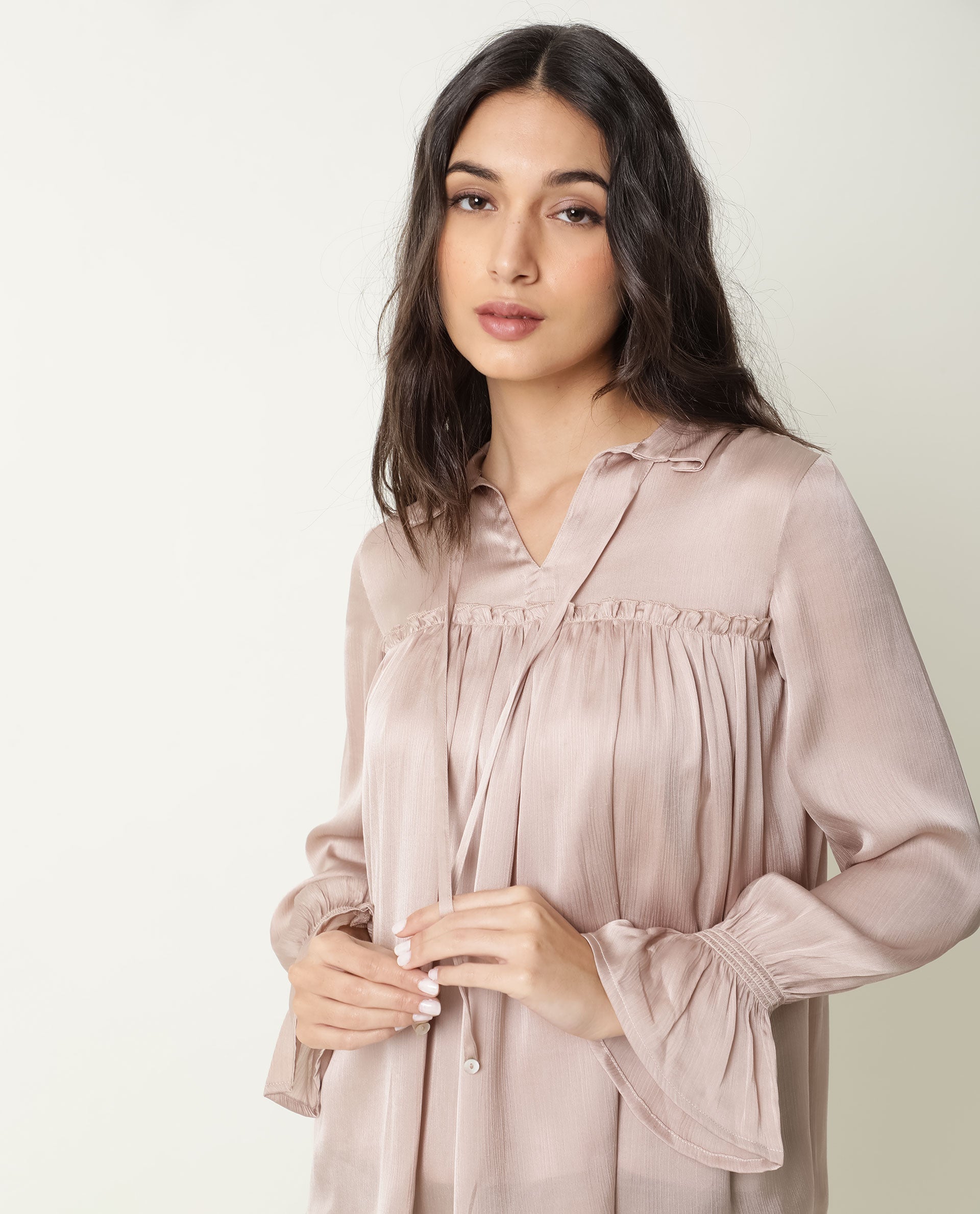 Rareism Women Poetess Light Pink Polyester Fabric Regular Fit Collared Neck Full Sleeves Solid Top