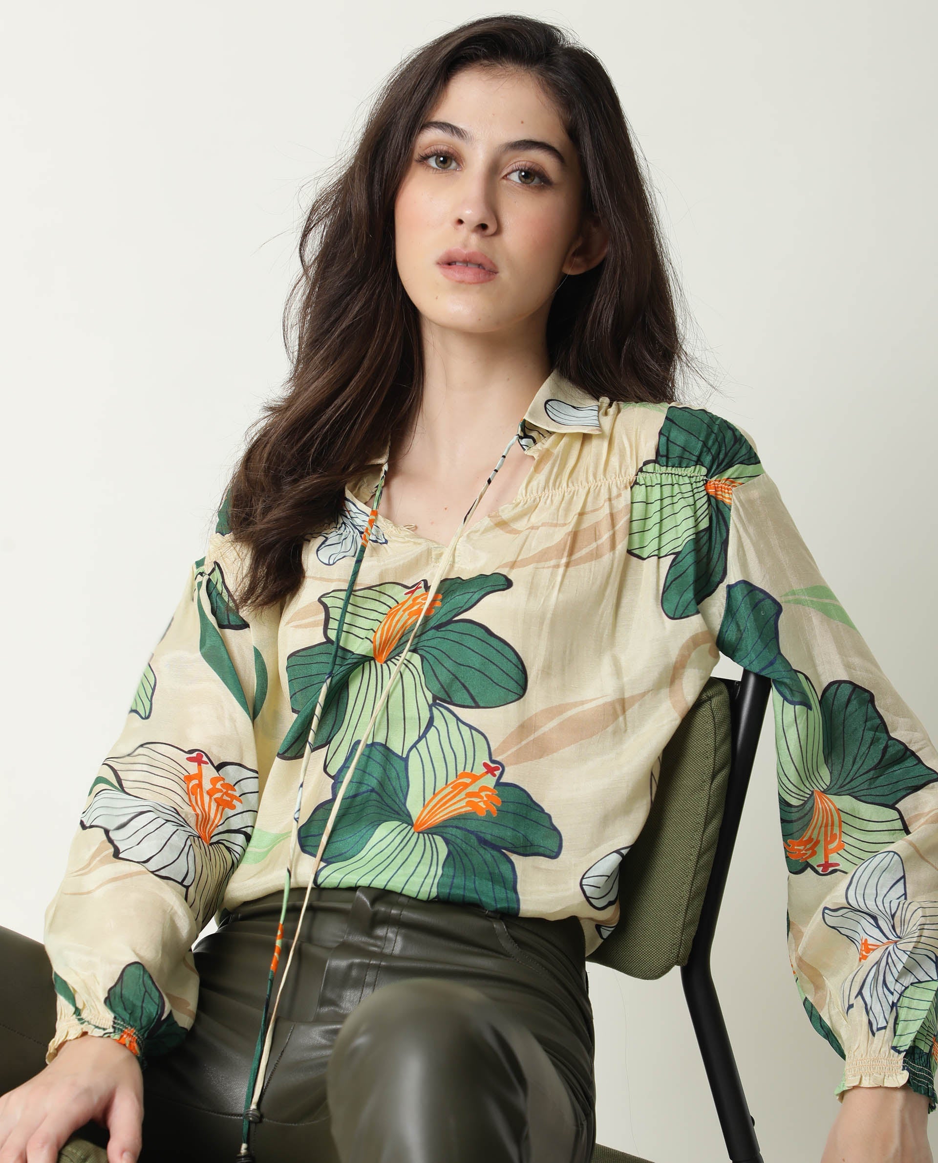 Rareism Womens Kalina Off White Top Cotton Silk Fabric Full Sleeve Key Hole Neck