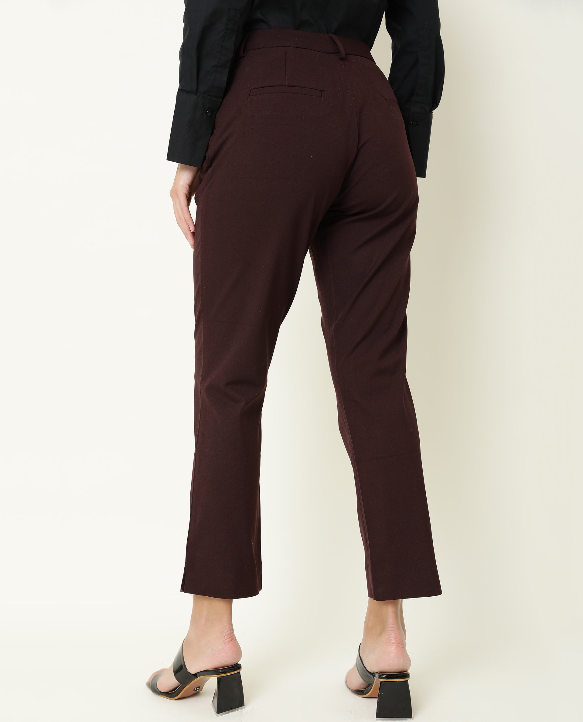 Rareism Women's Yard Maroon Polyester Blend Plain Ankle Length Tailored Trouser