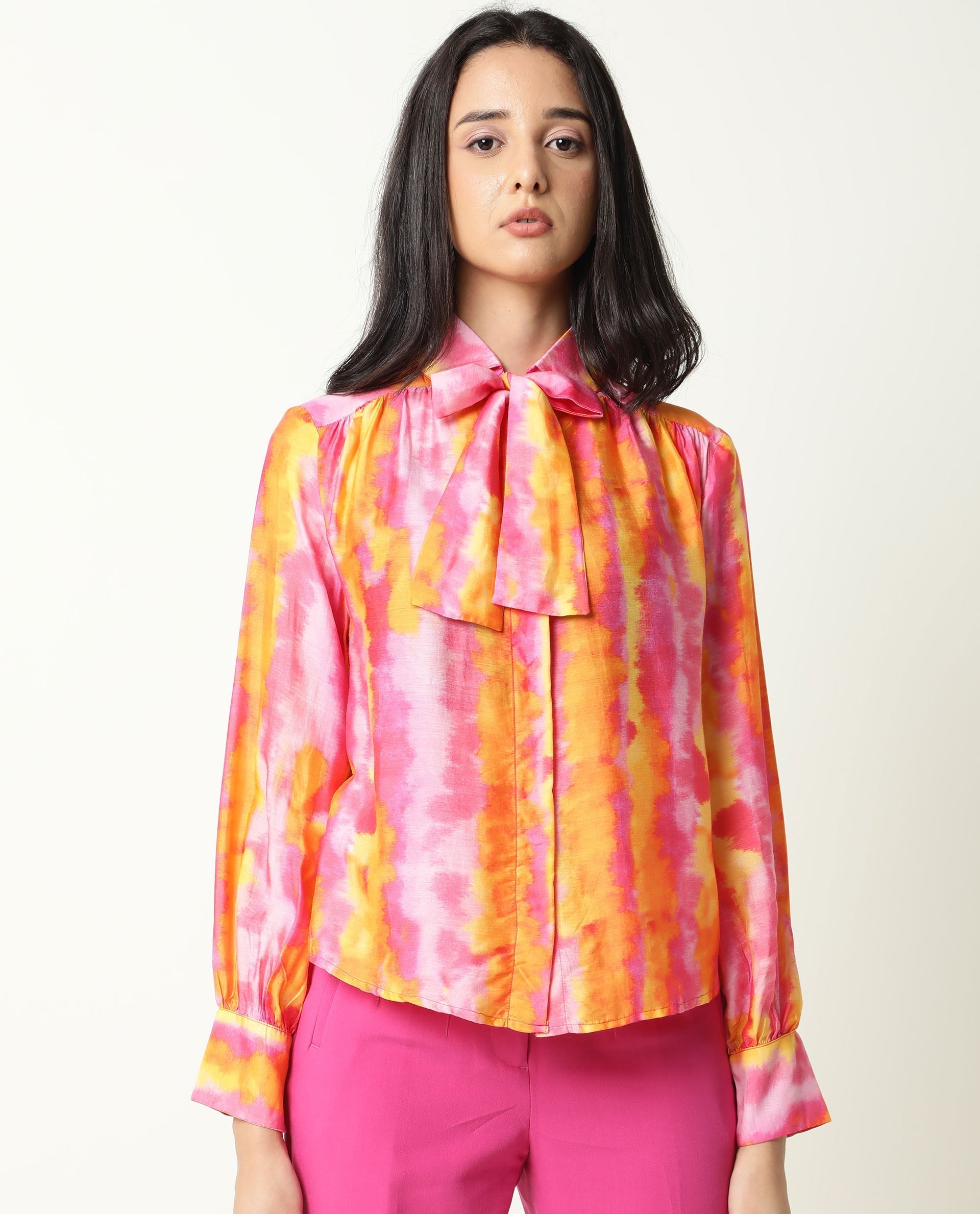 Rareism Women's Dense Pink Spread Collar Color Block Balloon Sleeve Knee Length Tailored Top