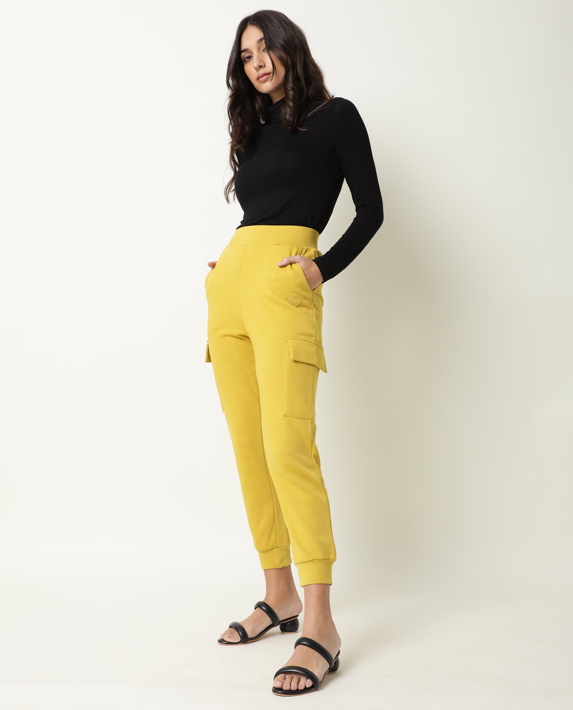 Rareism Women Nush Yellow Poly Cotton Fabric Tailored Fit Solid Mid Rise Ankle Length Track Pant