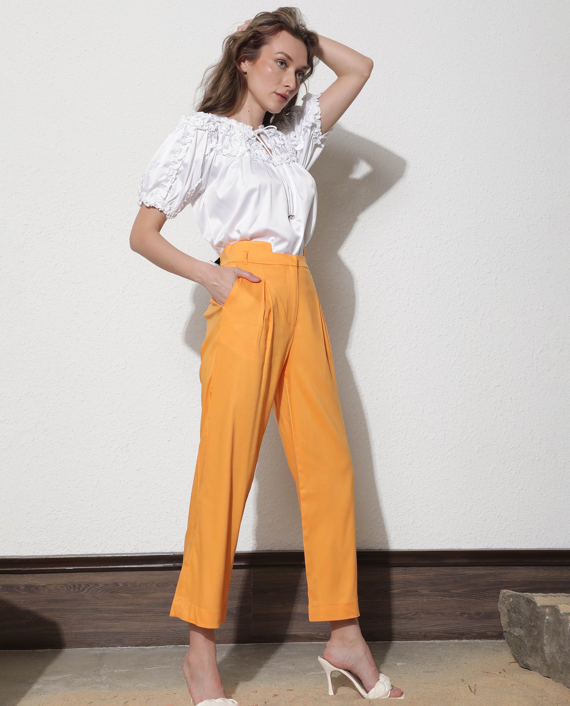 Rareism Women Evanova Mustard Viscose Fabric Tailored Fit High Rise Solid Ankle Length Trousers