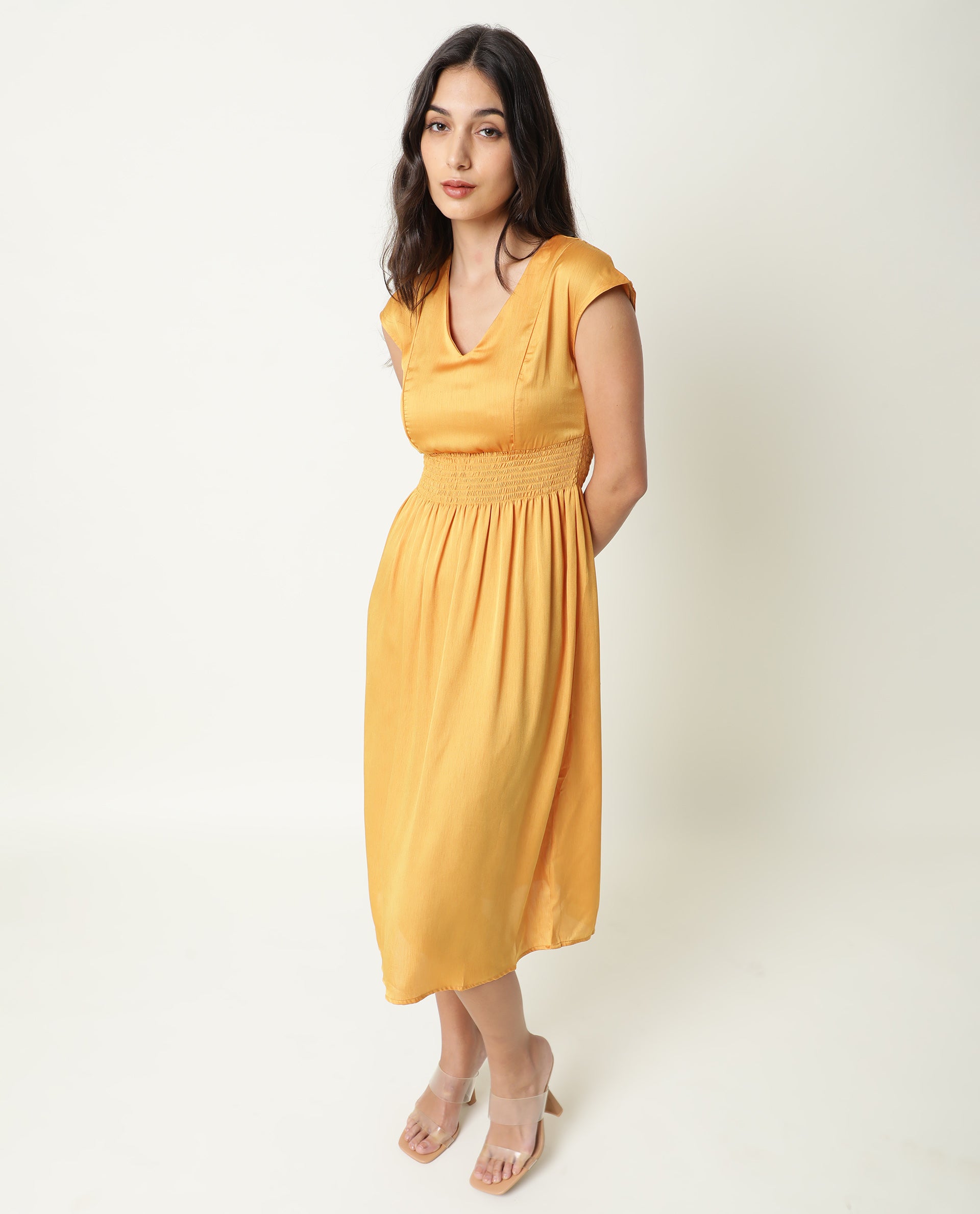 Rareism Women's Milux Mustard V-Neck Plain Sleeveless Knee Length Regular Fit Dress