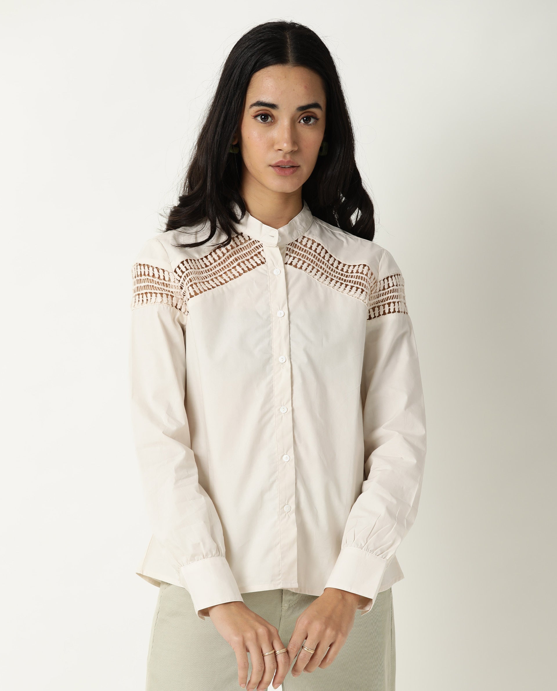 Rareism Women Zoom Pastel Beige Cotton Fabric Regular Fit Mandarin Collar Full Sleeves Solid Top