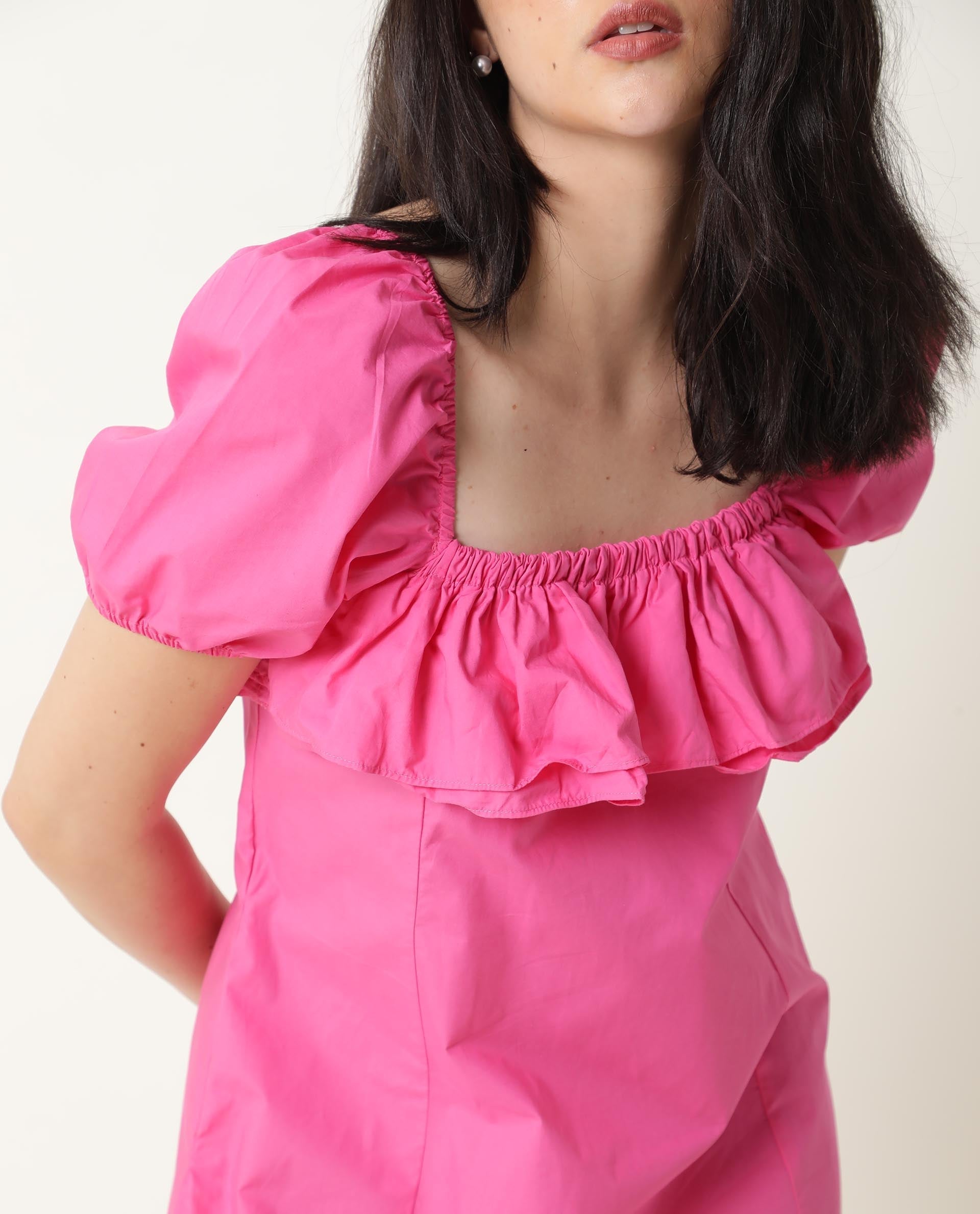 Rareism Women Varsi Pink Square Neck Puff Sleeves Ruffle At The Neck With Pockets Midi Dress