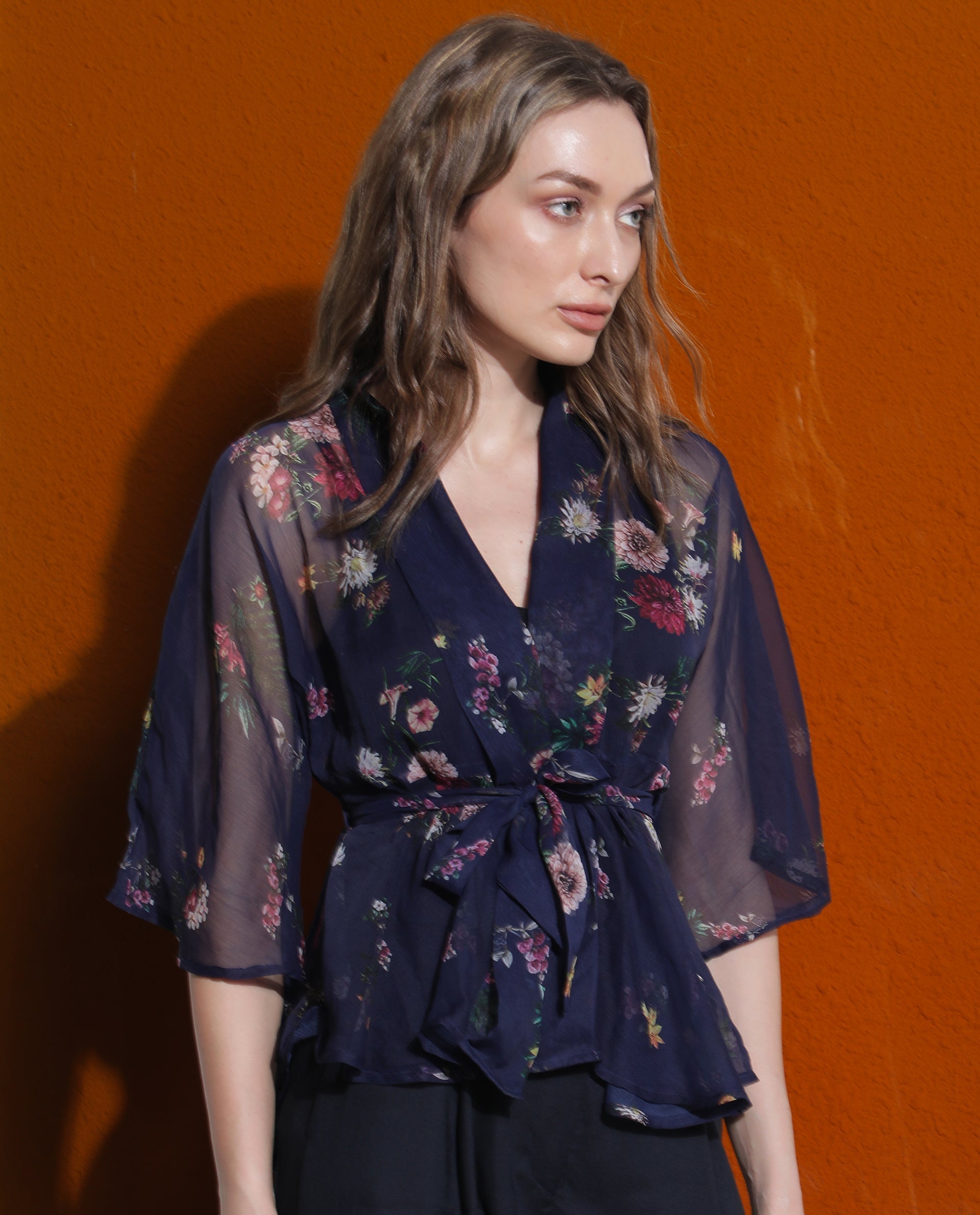 Rareism Women Greta Blue Polyester Fabric 3/4Th Sleeves Over Lap Bell Sleeve Regular Fit Floral Print Shrug