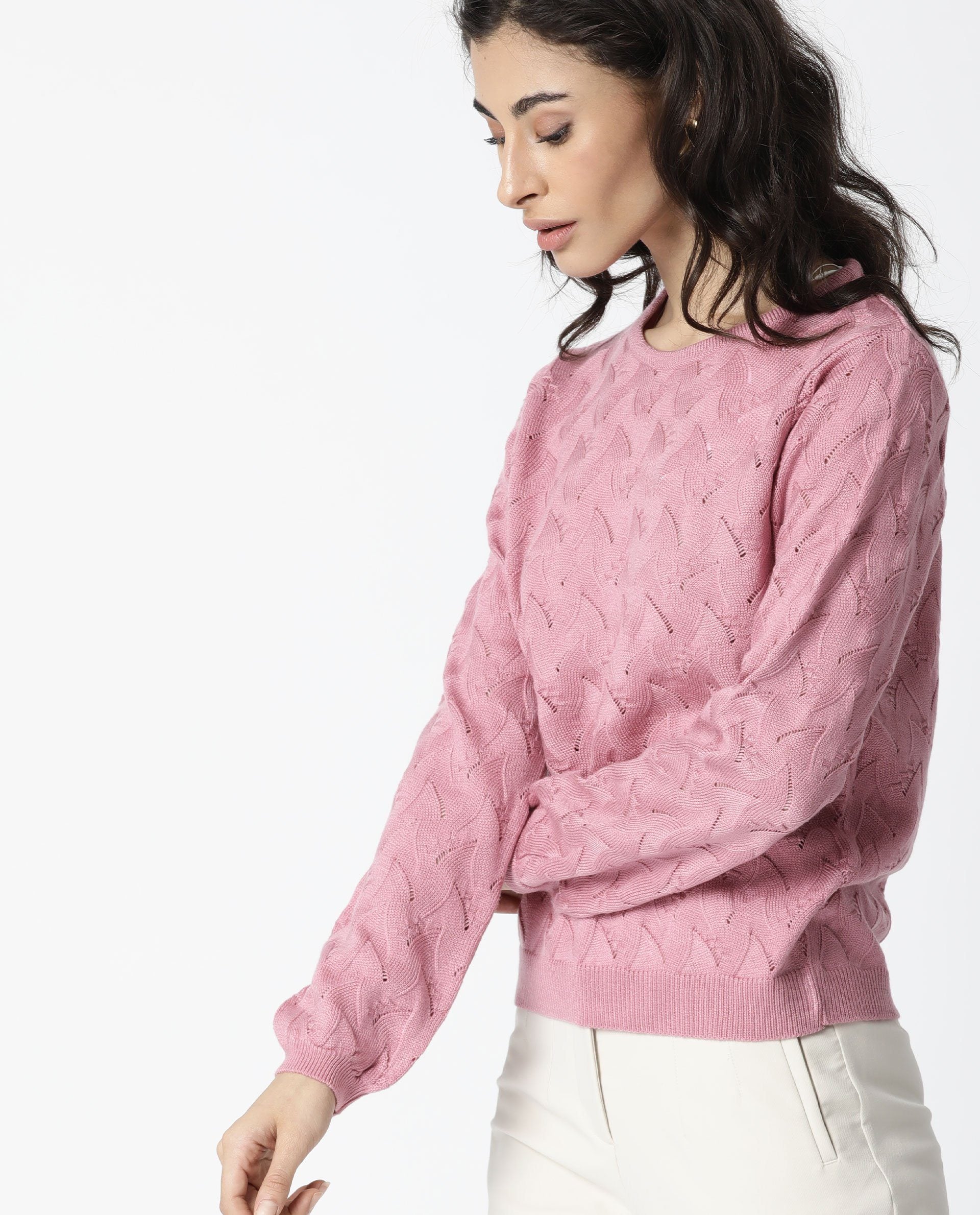 Rareism Women Danbury Pink Acrylic Fabric Full Sleeves Relaxed Fit Solid Round Neck Sweater