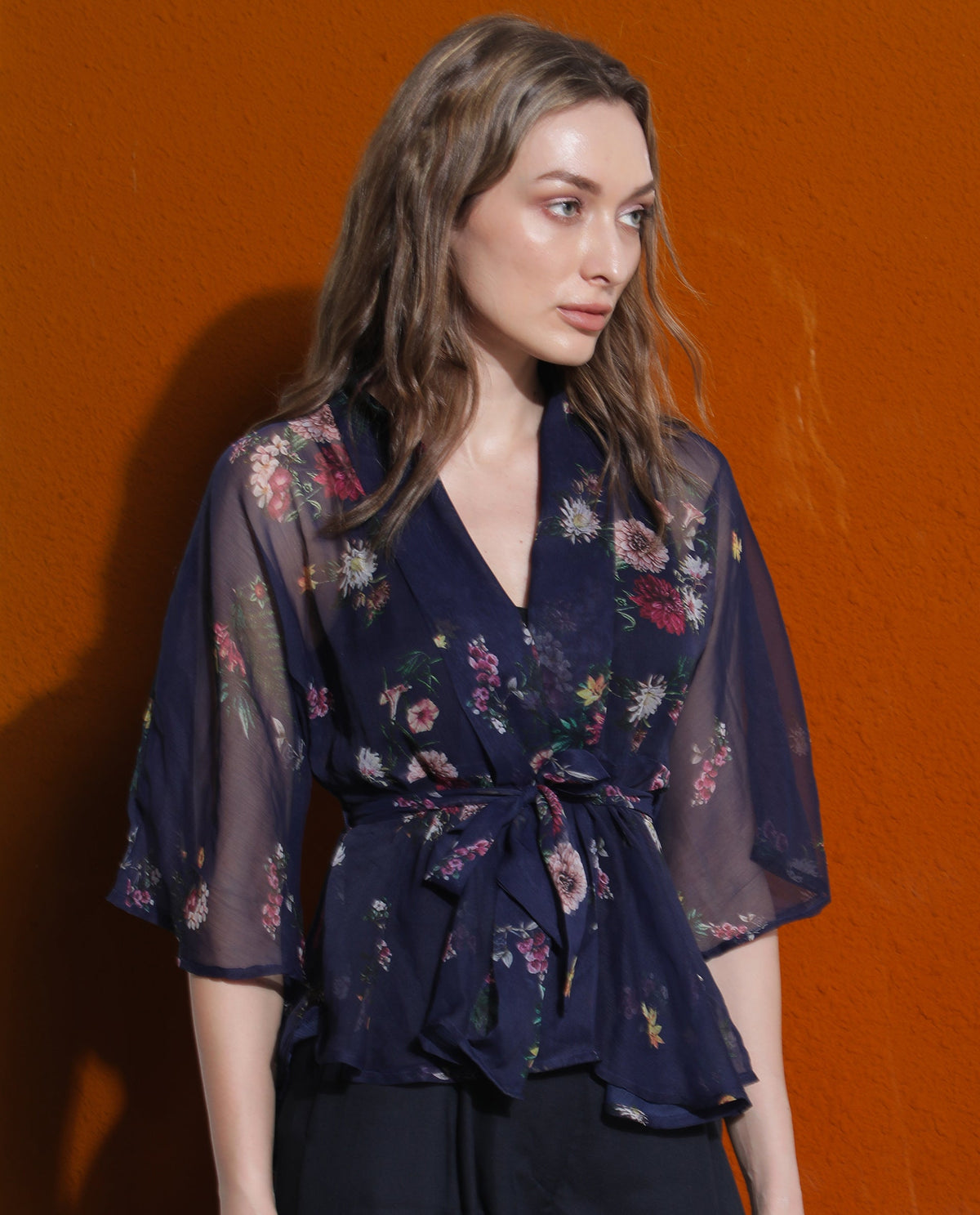 Rareism Women Greta Blue Polyester Fabric 3/4Th Sleeves Over Lap Bell Sleeve Regular Fit Floral Print Shrug