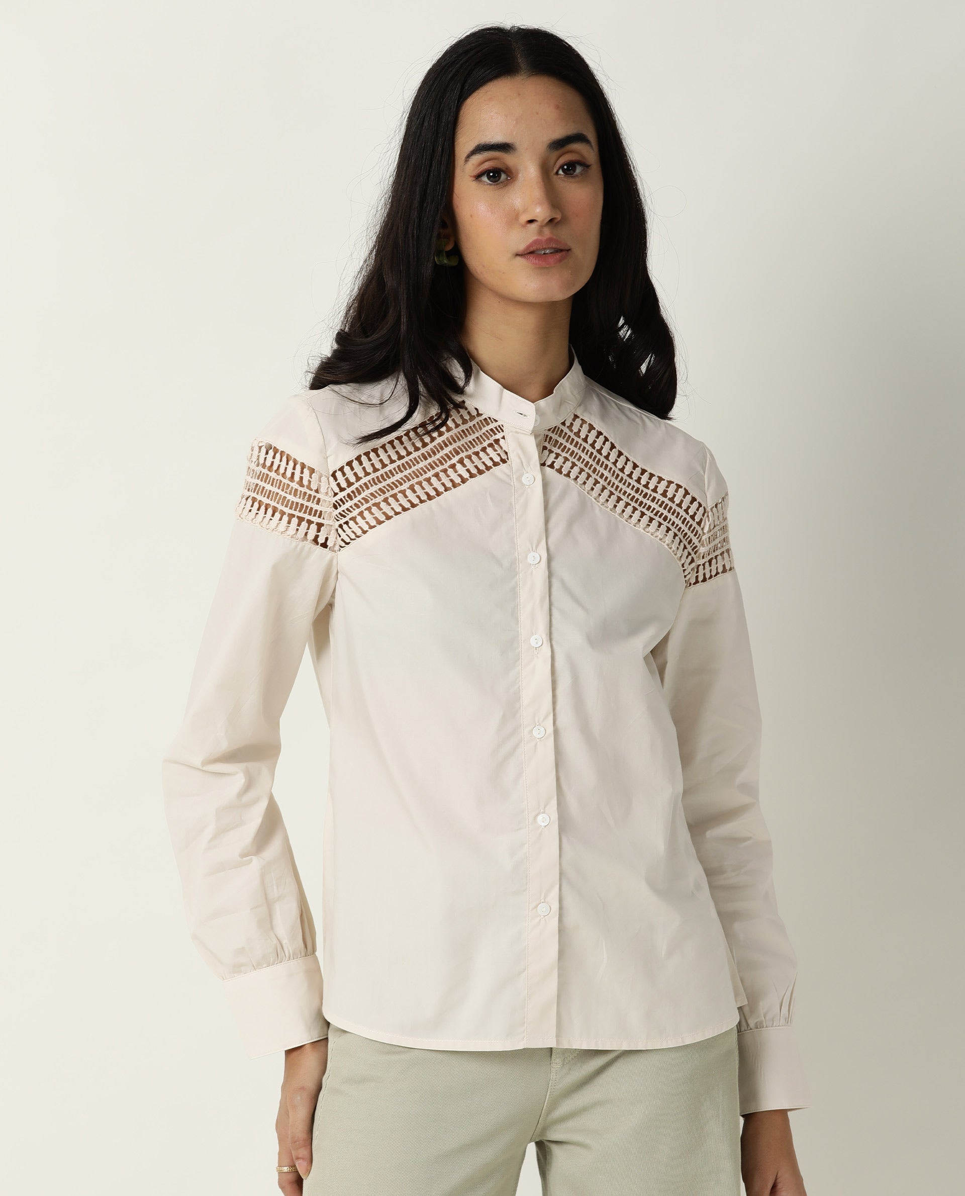 Rareism Women's Zoom Beige Cotton Mandarin Collar Plain Regular Fit Top