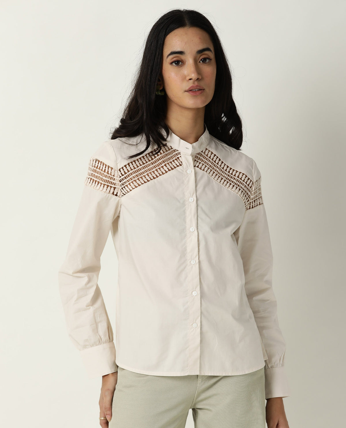 Rareism Women Zoom Pastel Beige Cotton Fabric Regular Fit Mandarin Collar Full Sleeves Solid Top