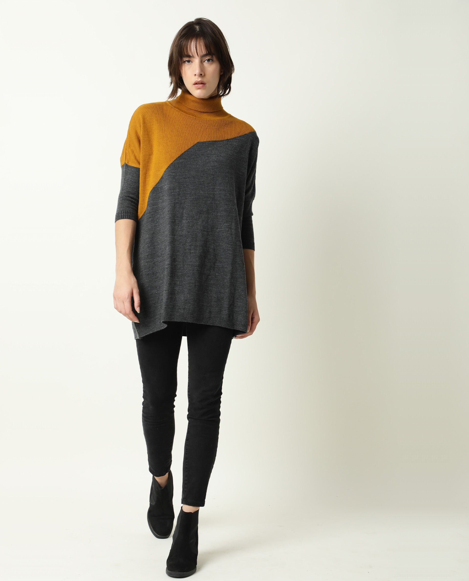 Rareism Women Spaton Grey Acrylic Fabric Full Sleeves Knee Length Regular Fit Color Blocked High Neck Sweater