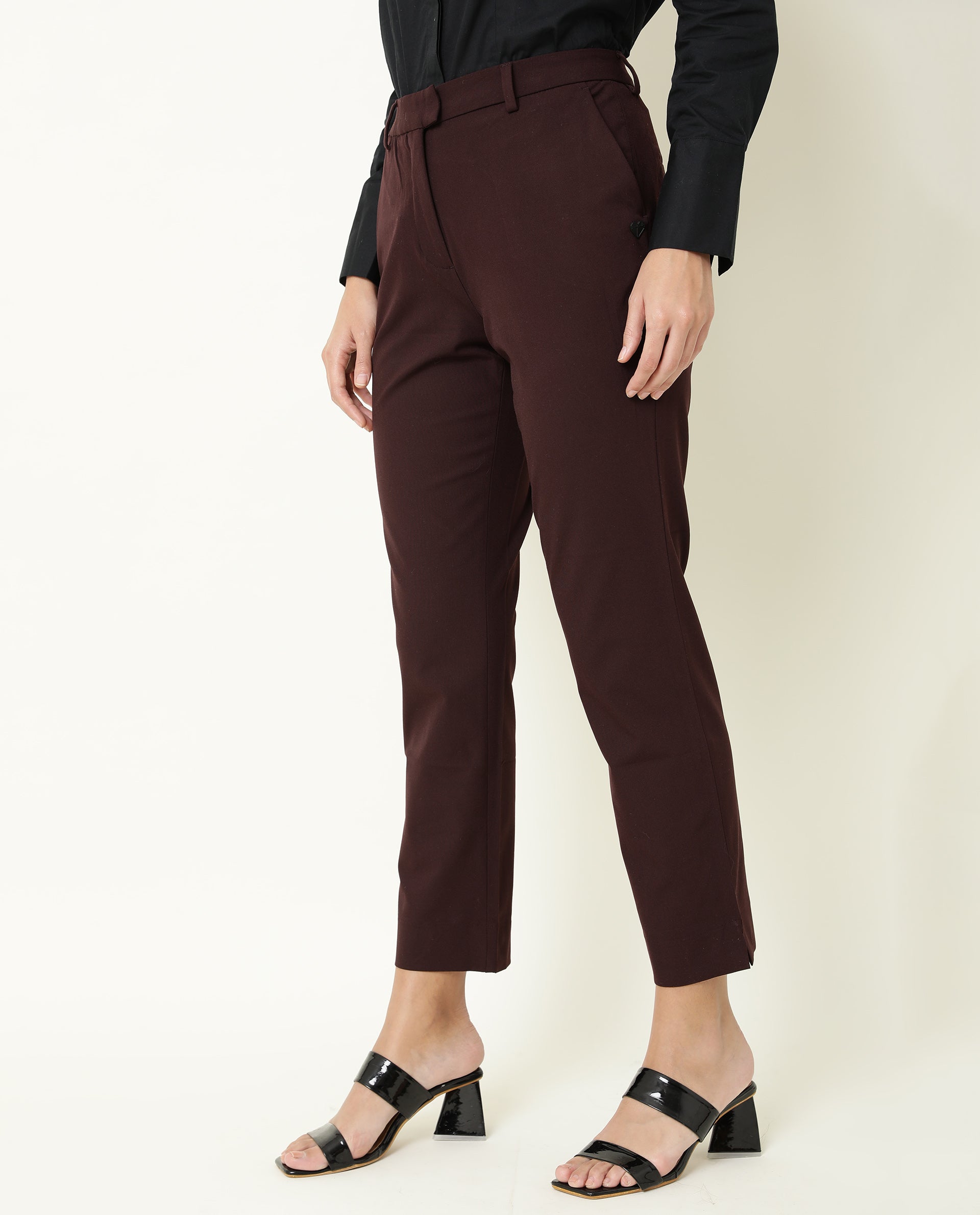 Rareism Women's Yard Maroon Polyester Blend Plain Ankle Length Tailored Trouser