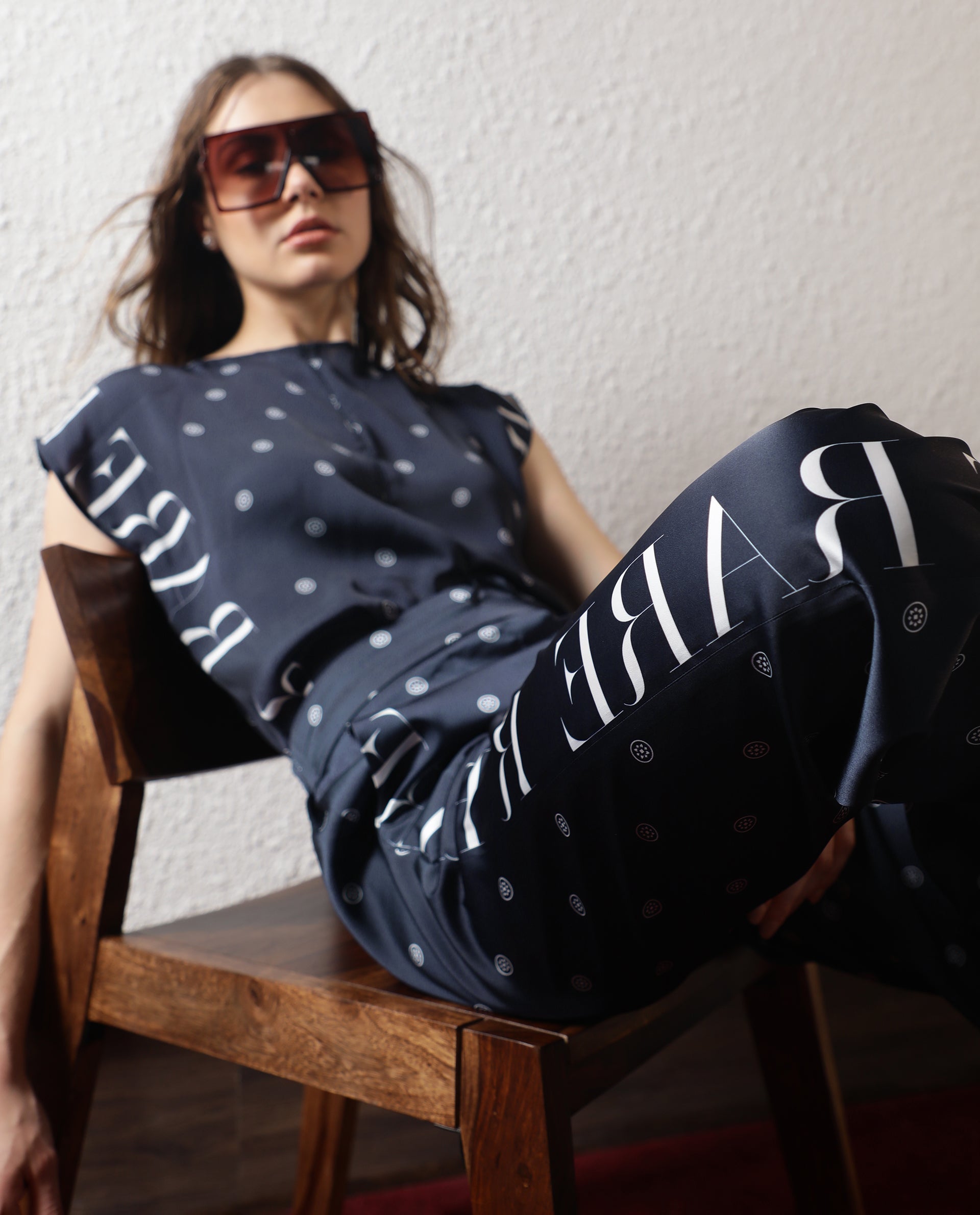 Rareism Women's Adelie Navy Polyester Polka Print Ankle Length Tailored Trouser