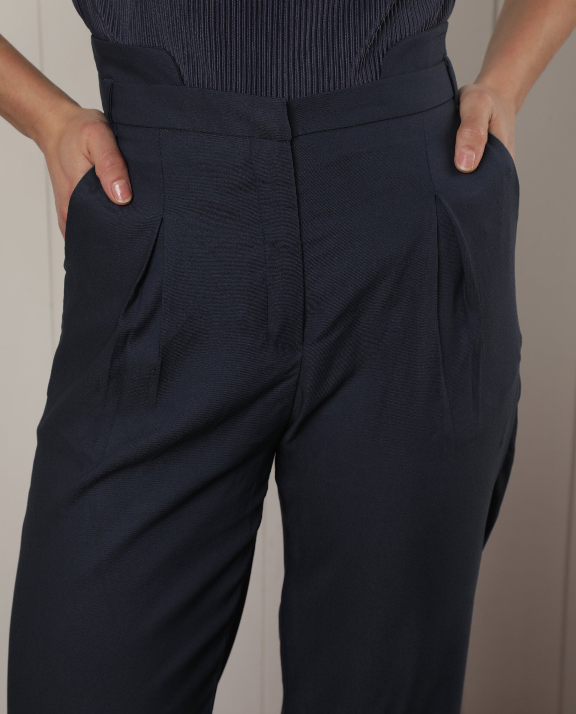 Rareism Women Evanova Navy Viscose Fabric Tailored Fit High Rise Solid Ankle Length Trousers