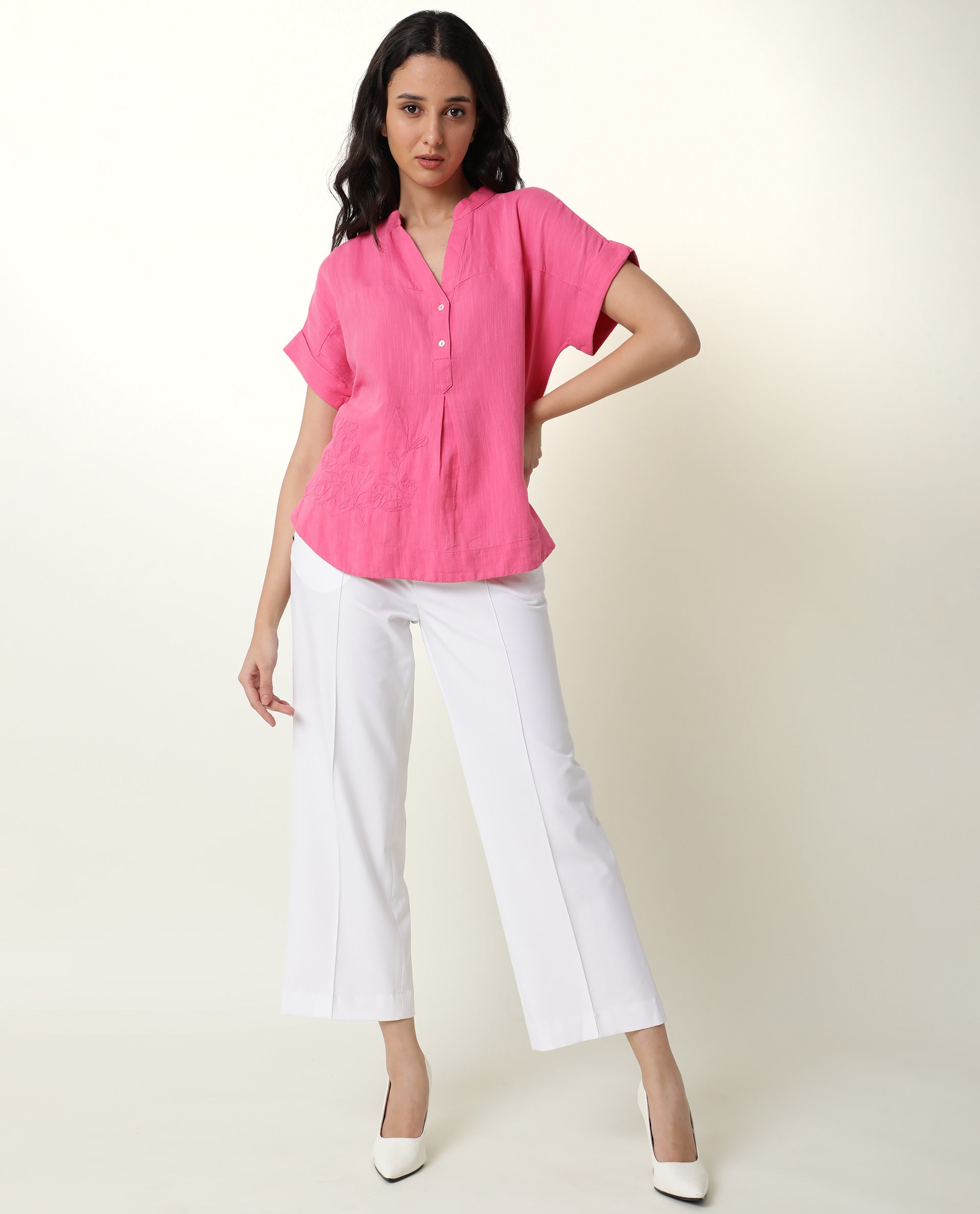 Rareism Womens Rebecca Pink Top Cotton Linen Fabric Short Sleeve V Neck