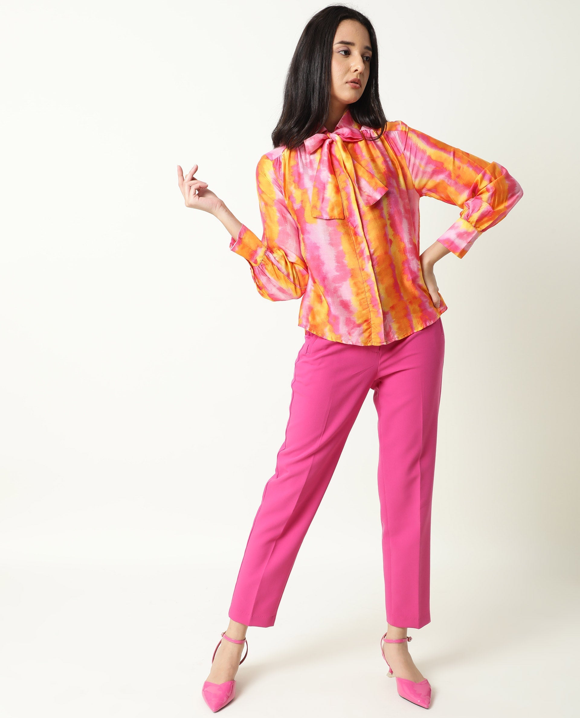 Rareism Women's Dense Pink Spread Collar Color Block Balloon Sleeve Knee Length Tailored Top