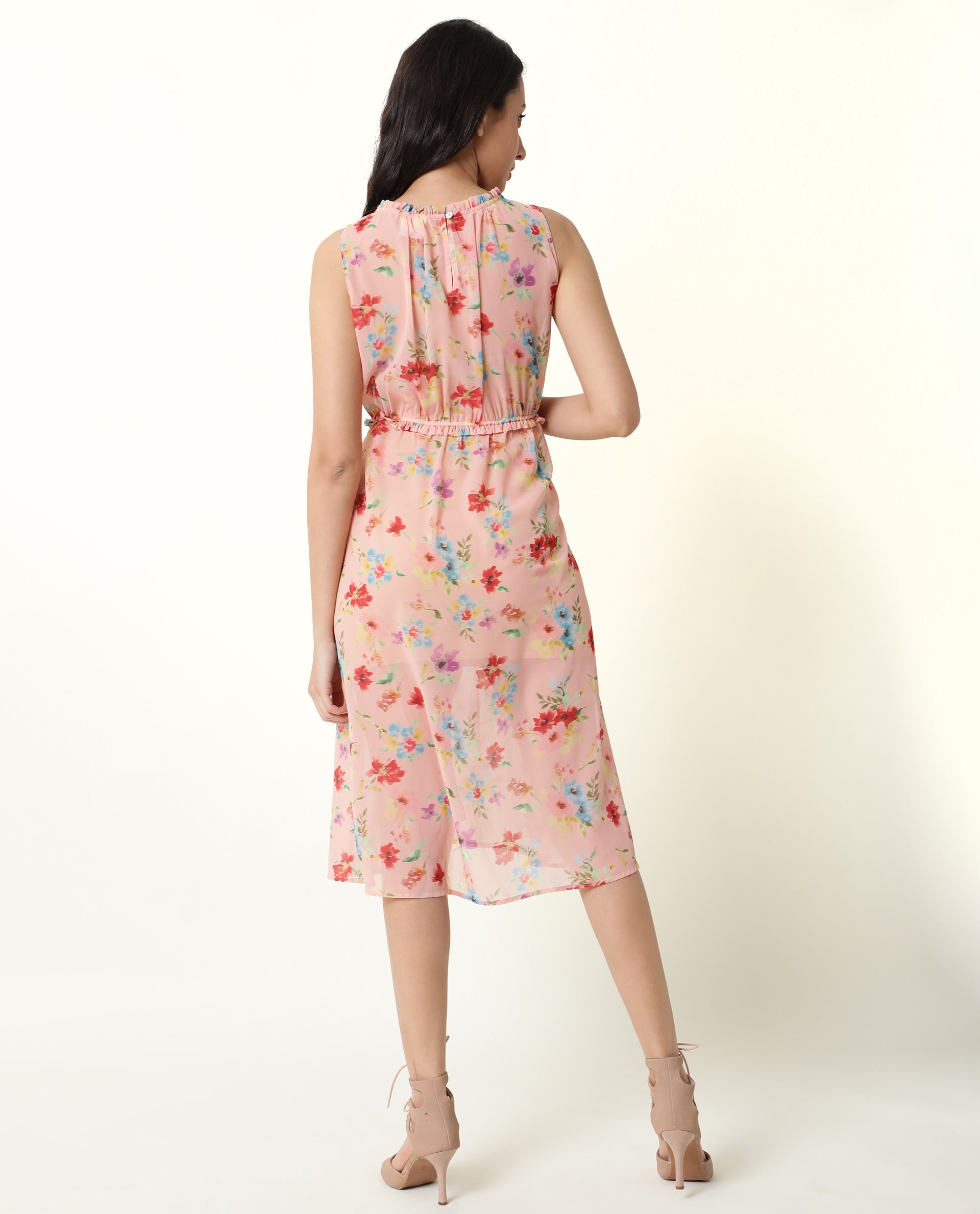 Rareism Women's Sack Peach Viscose Crew Neck Floral Print Sleeveless Knee Length Relaxed Fit Dress
