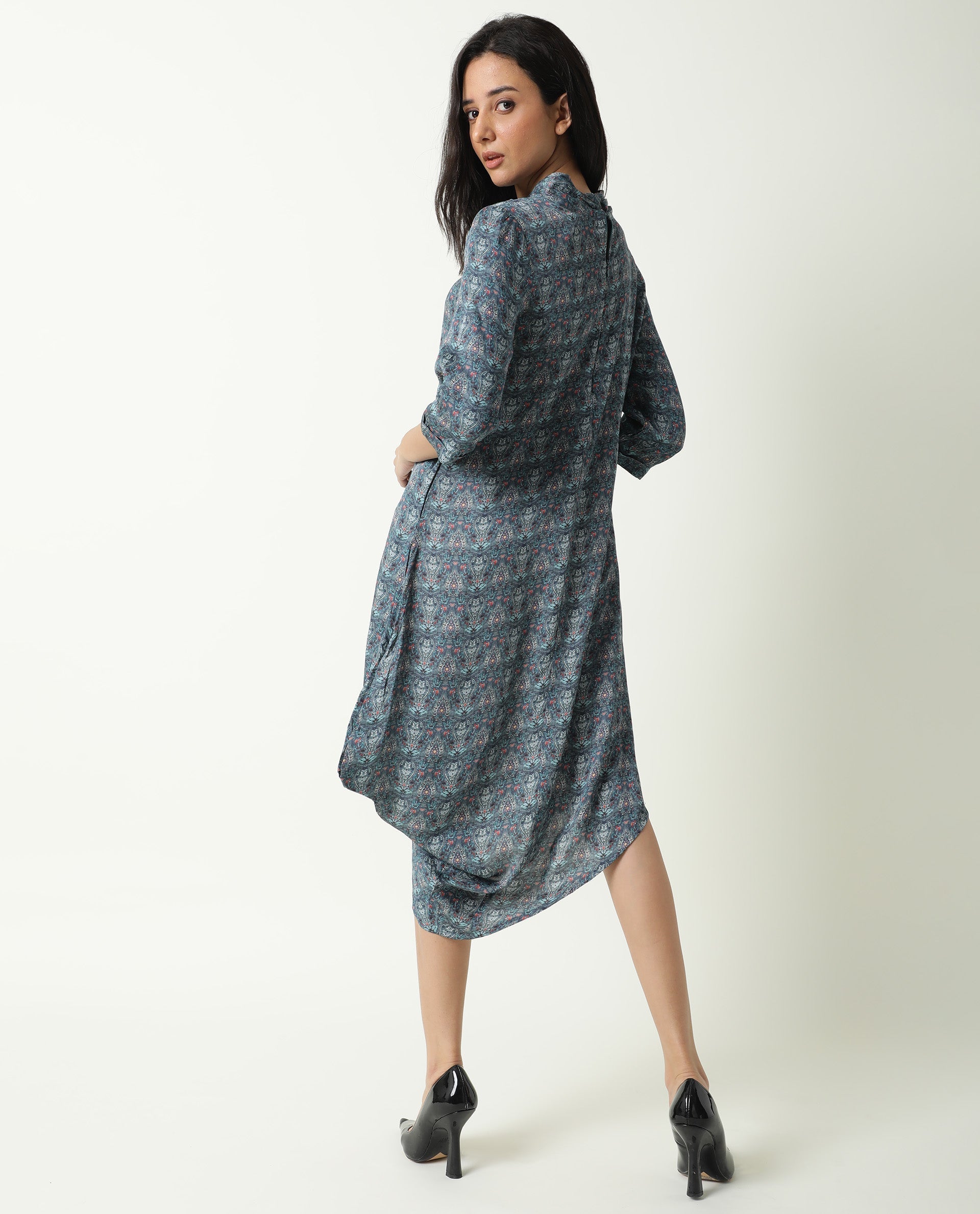 Rareism Women Hairen Grey Abstract Print Band Collar 3/4 Sleeves Asymmetric Knee Length Dress