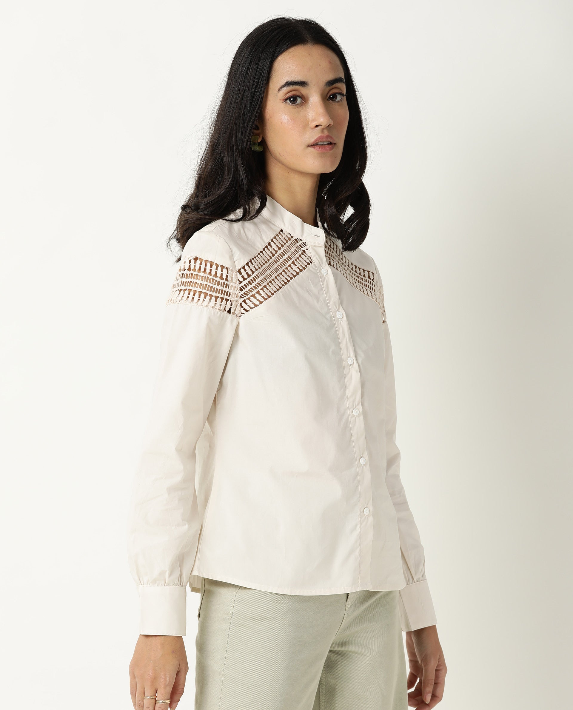 Rareism Women's Zoom Beige Cotton Mandarin Collar Plain Regular Fit Top