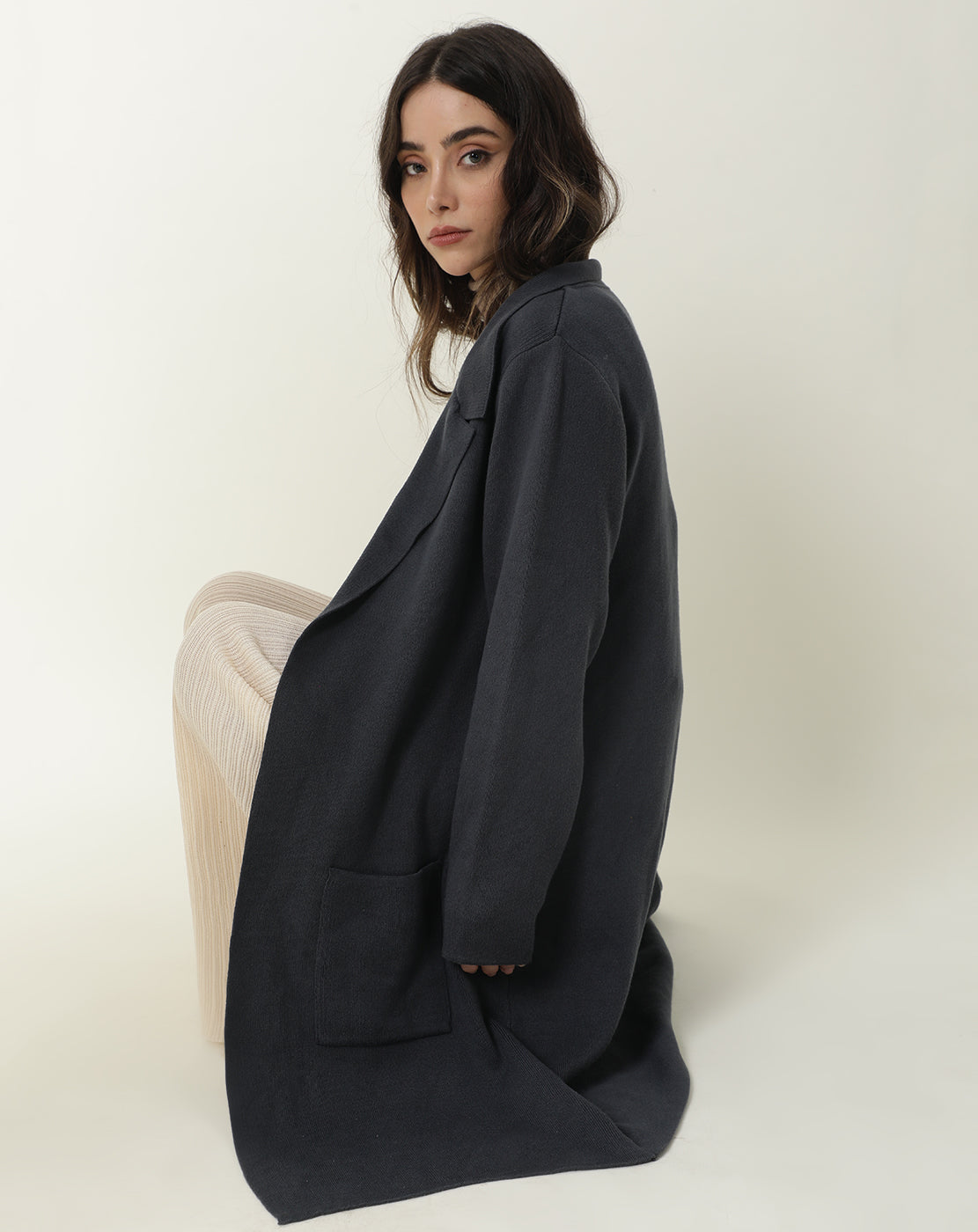 Rareism Women Trident Grey Cotton Fabric Full Sleeves Knee Length Regular Fit Solid Lapel Neck Sweater