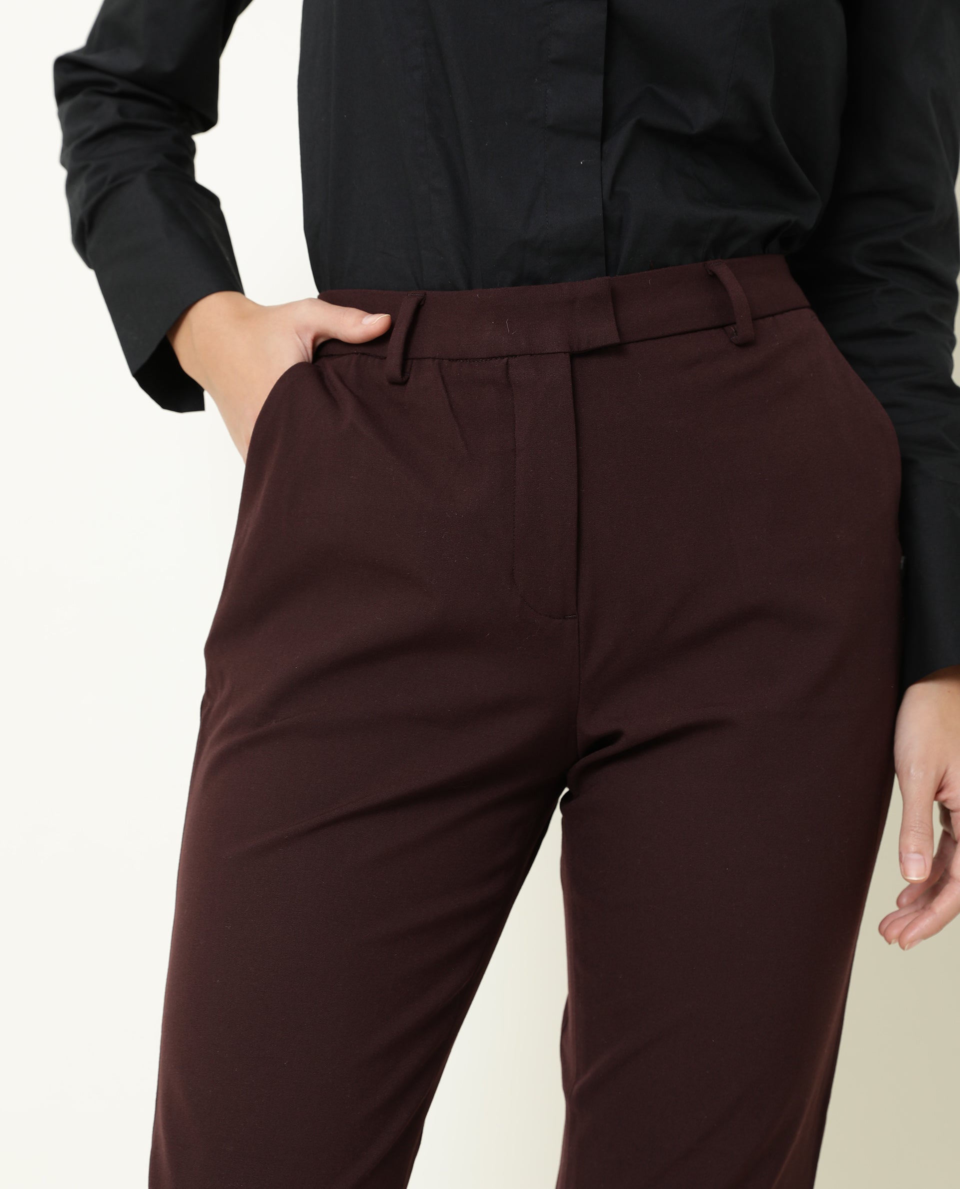 Rareism Women Yard Maroon Poly Cotton Fabric Tailored Fit Mid Rise Solid Ankle Length Trousers