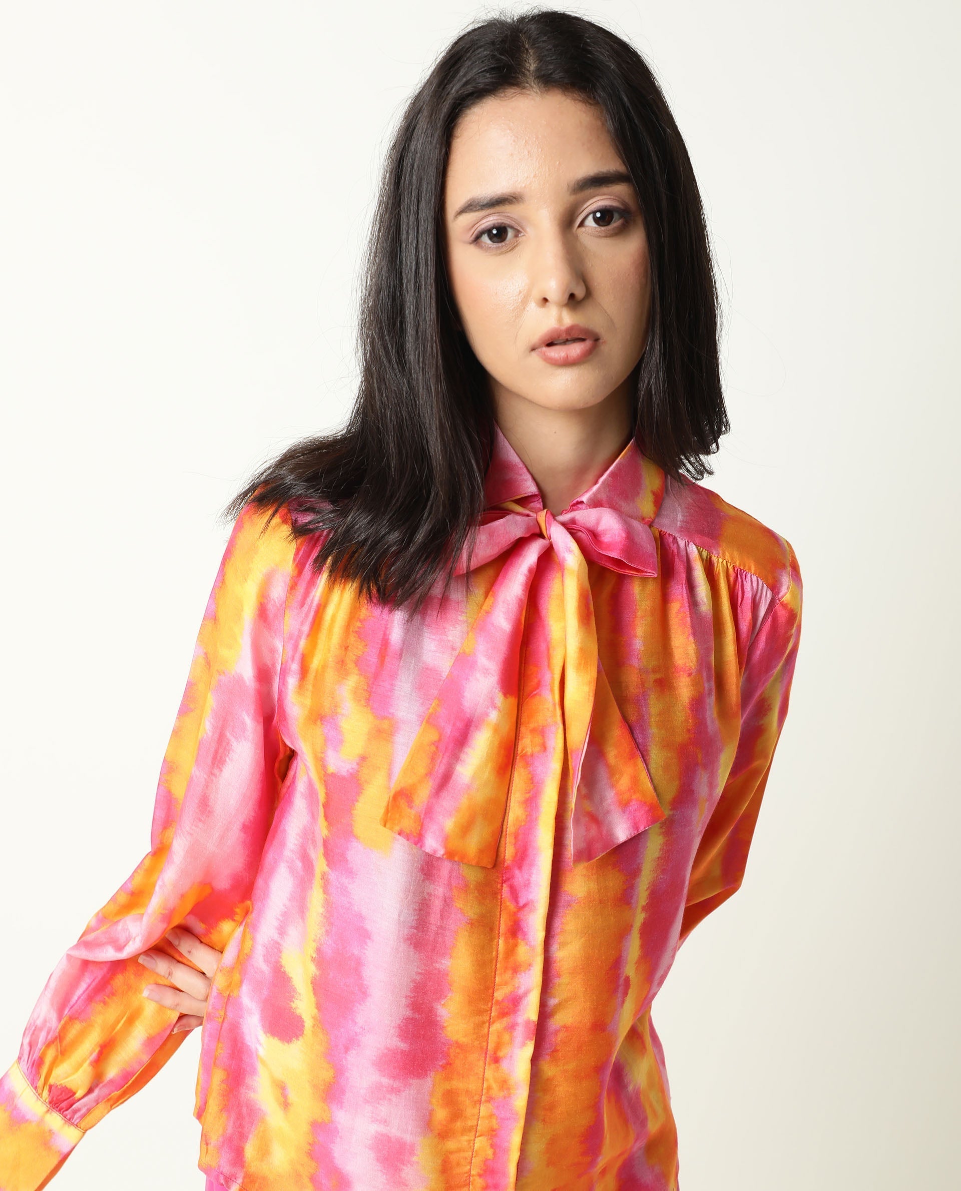 Rareism Women's Dense Pink Spread Collar Color Block Balloon Sleeve Knee Length Tailored Top