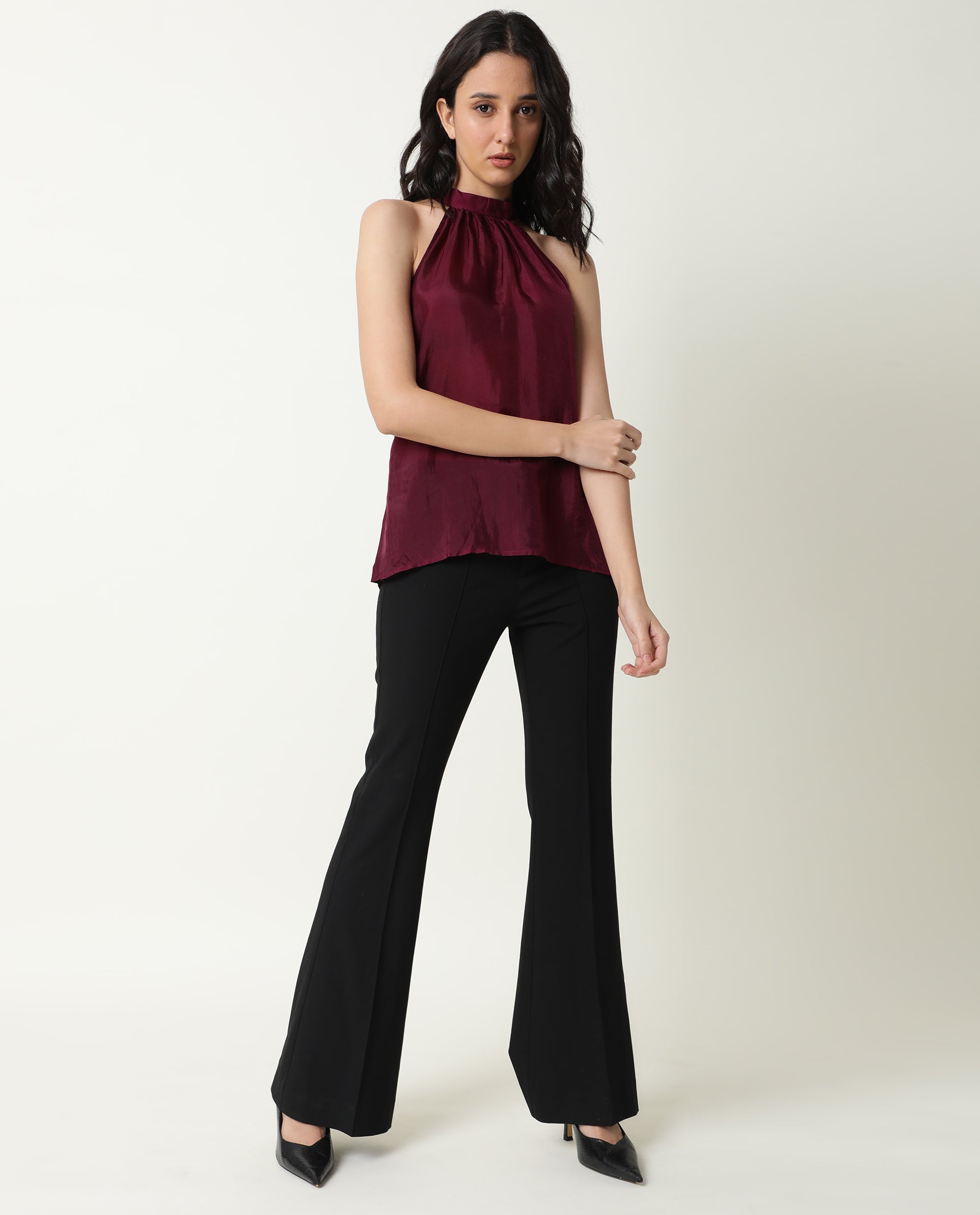 Rareism Womens Sahano Maroon Top Poly Viscose Fabric Sleeveless Halter Neck