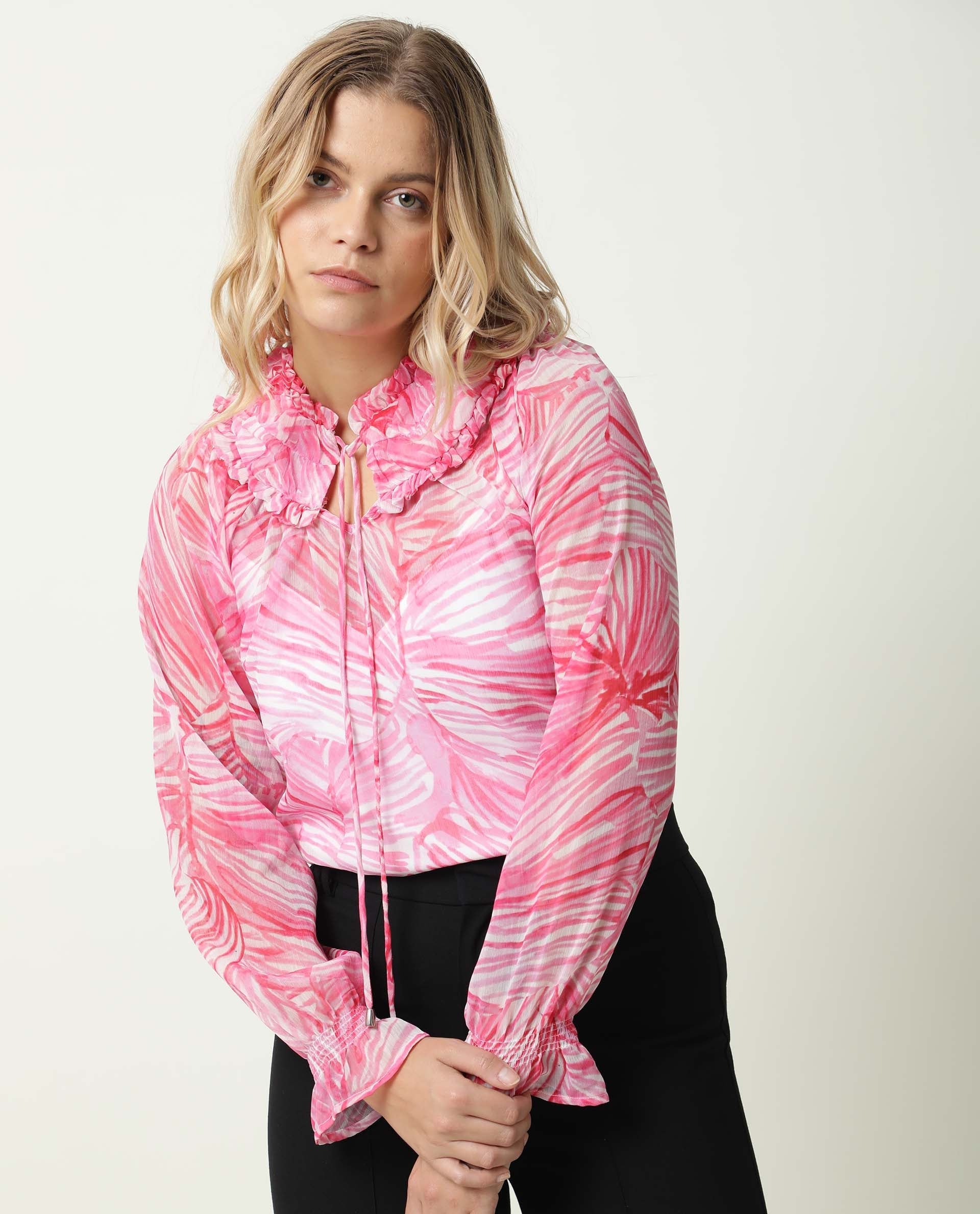 Rareism Womens Tonal Pink Top Viscose Fabric Regular Fit Balloon Sleeve Ruffled Neck