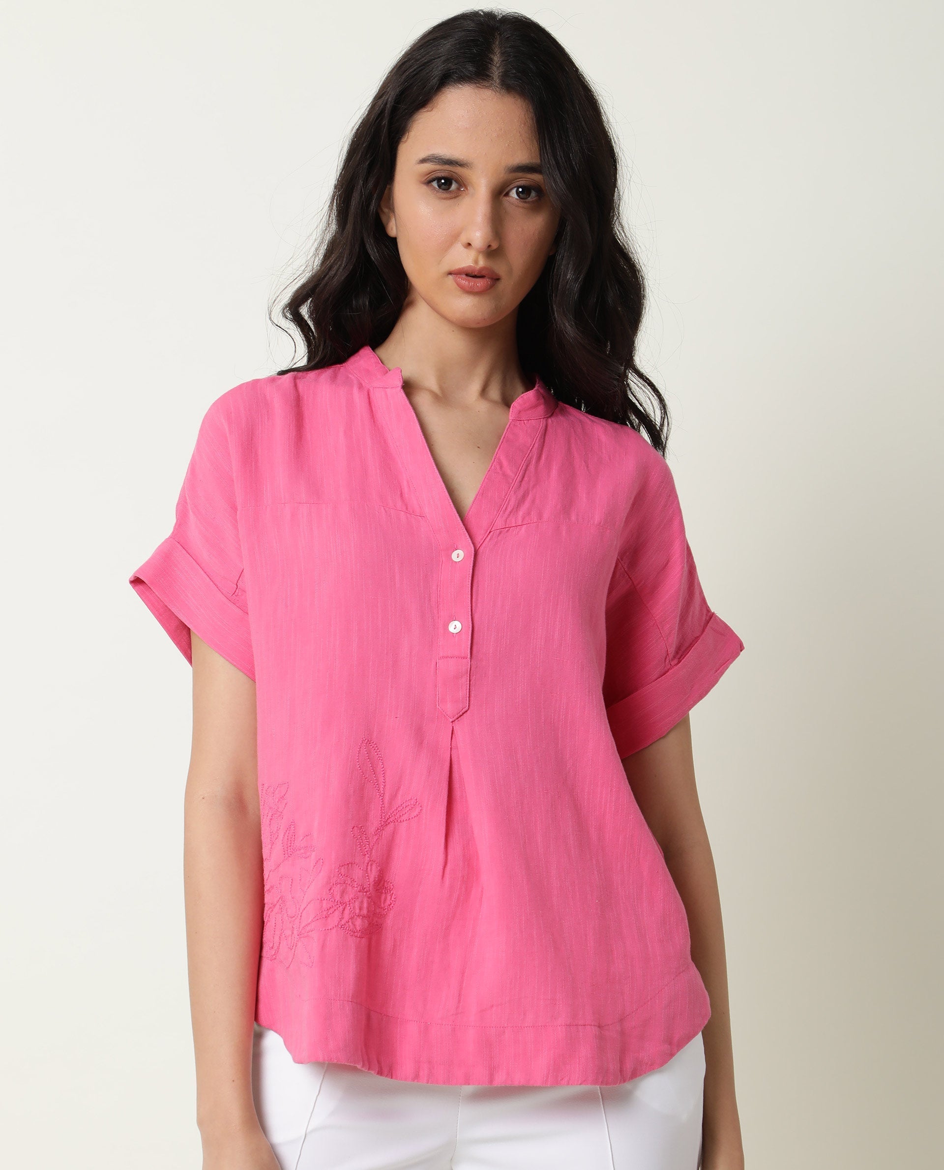Rareism Womens Rebecca Pink Top Cotton Linen Fabric Short Sleeve V Neck