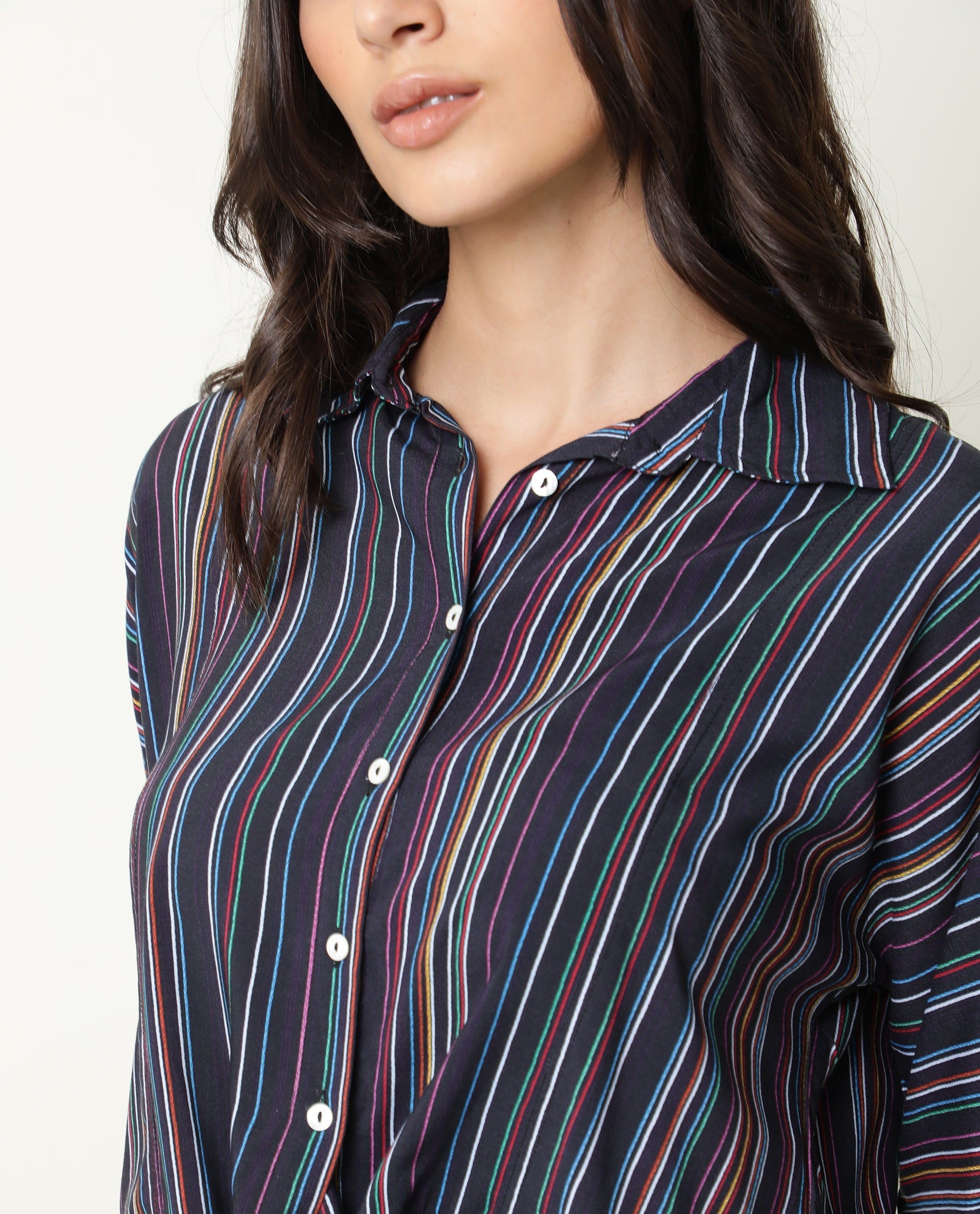 Rareism Women Thesis Black Viscose Fabric Relaxed Fit Collarless 3/4Th Sleeves Striped Top