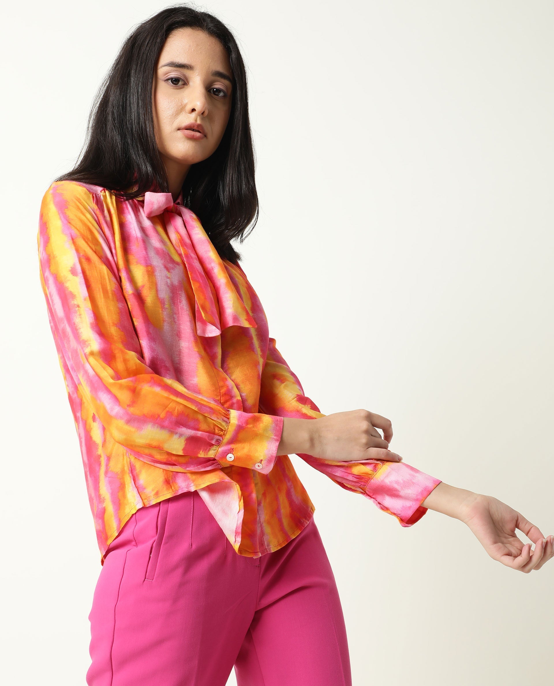Rareism Women's Dense Pink Spread Collar Color Block Balloon Sleeve Knee Length Tailored Top