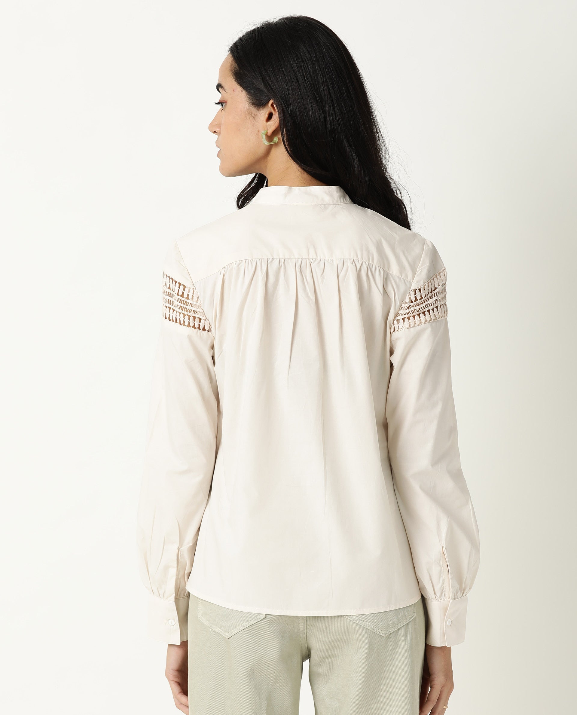Rareism Women's Zoom Beige Cotton Mandarin Collar Plain Regular Fit Top