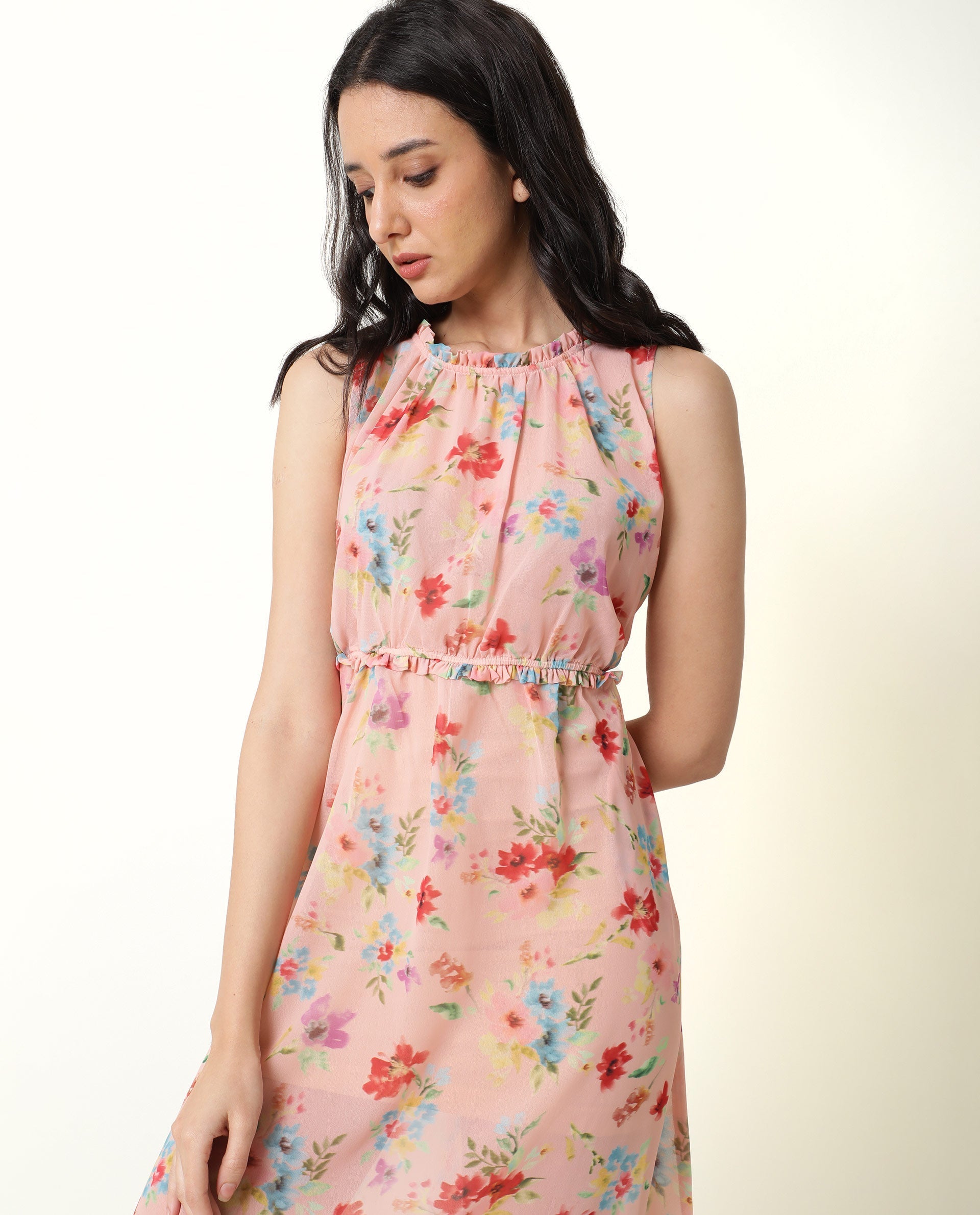 Rareism Women's Sack Peach Viscose Crew Neck Floral Print Sleeveless Knee Length Relaxed Fit Dress