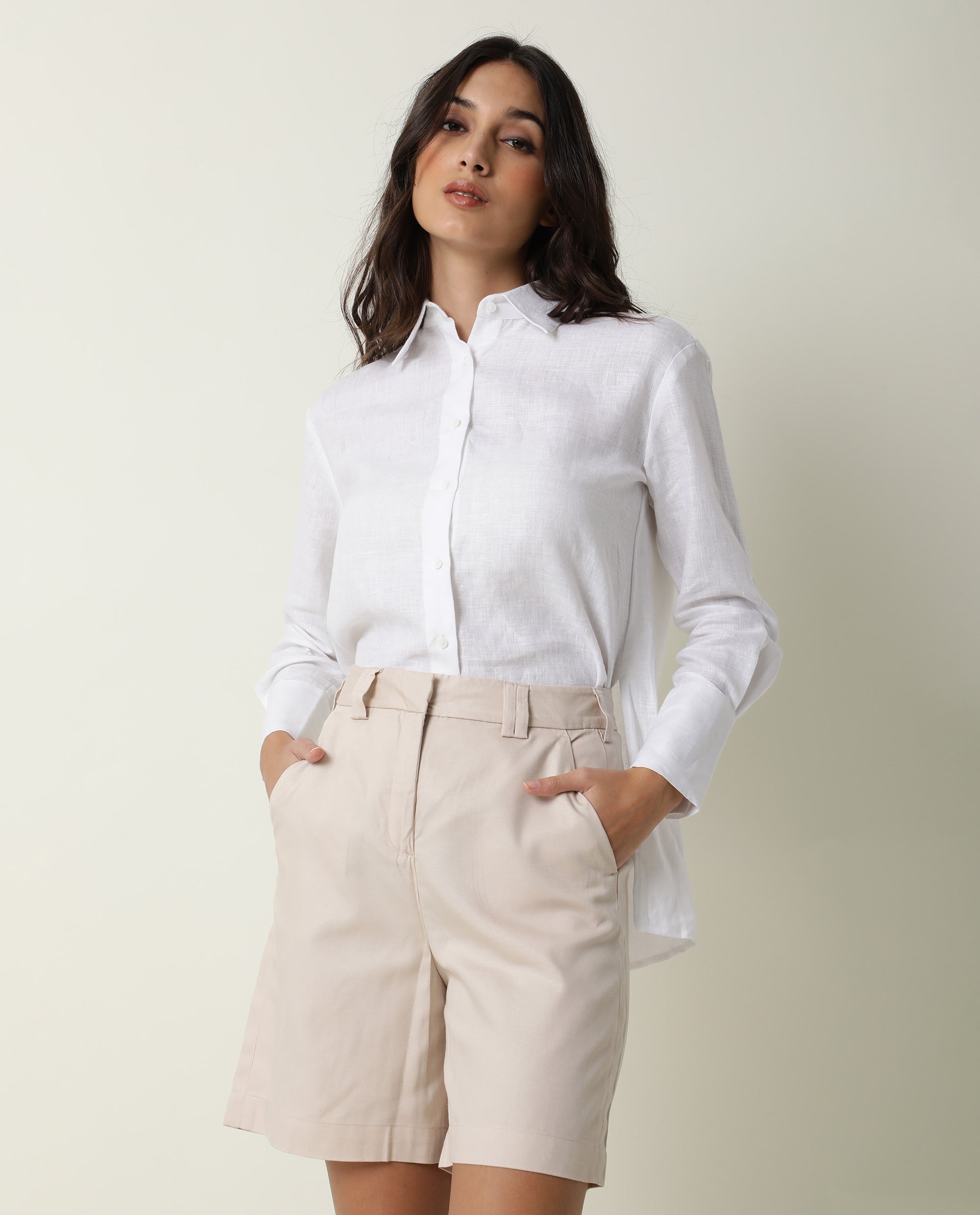 Rareism Women Lamar Beige Cotton Fabric Relaxed Fit Solid High Rise Shorts