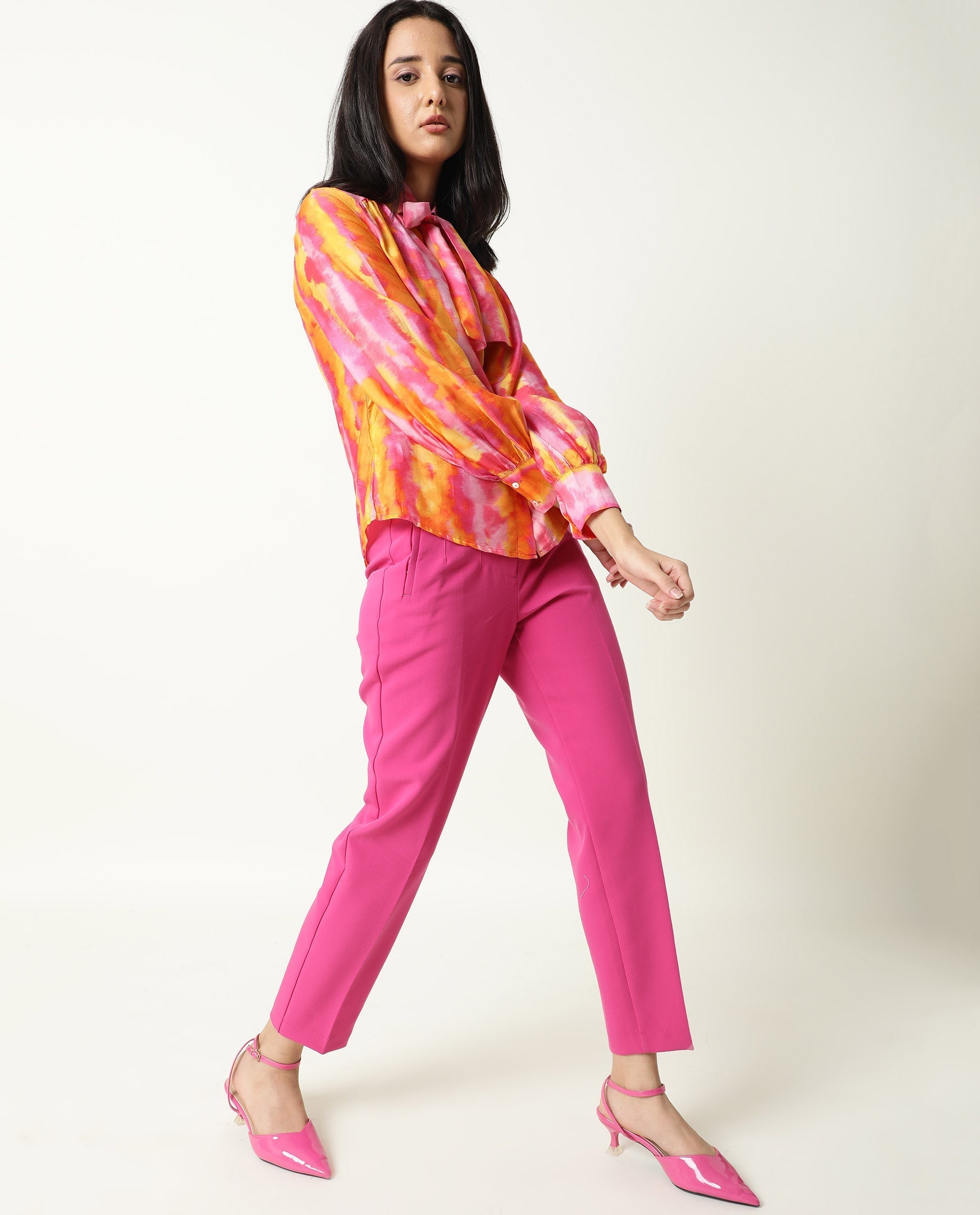 Rareism Women's Dense Pink Spread Collar Color Block Balloon Sleeve Knee Length Tailored Top