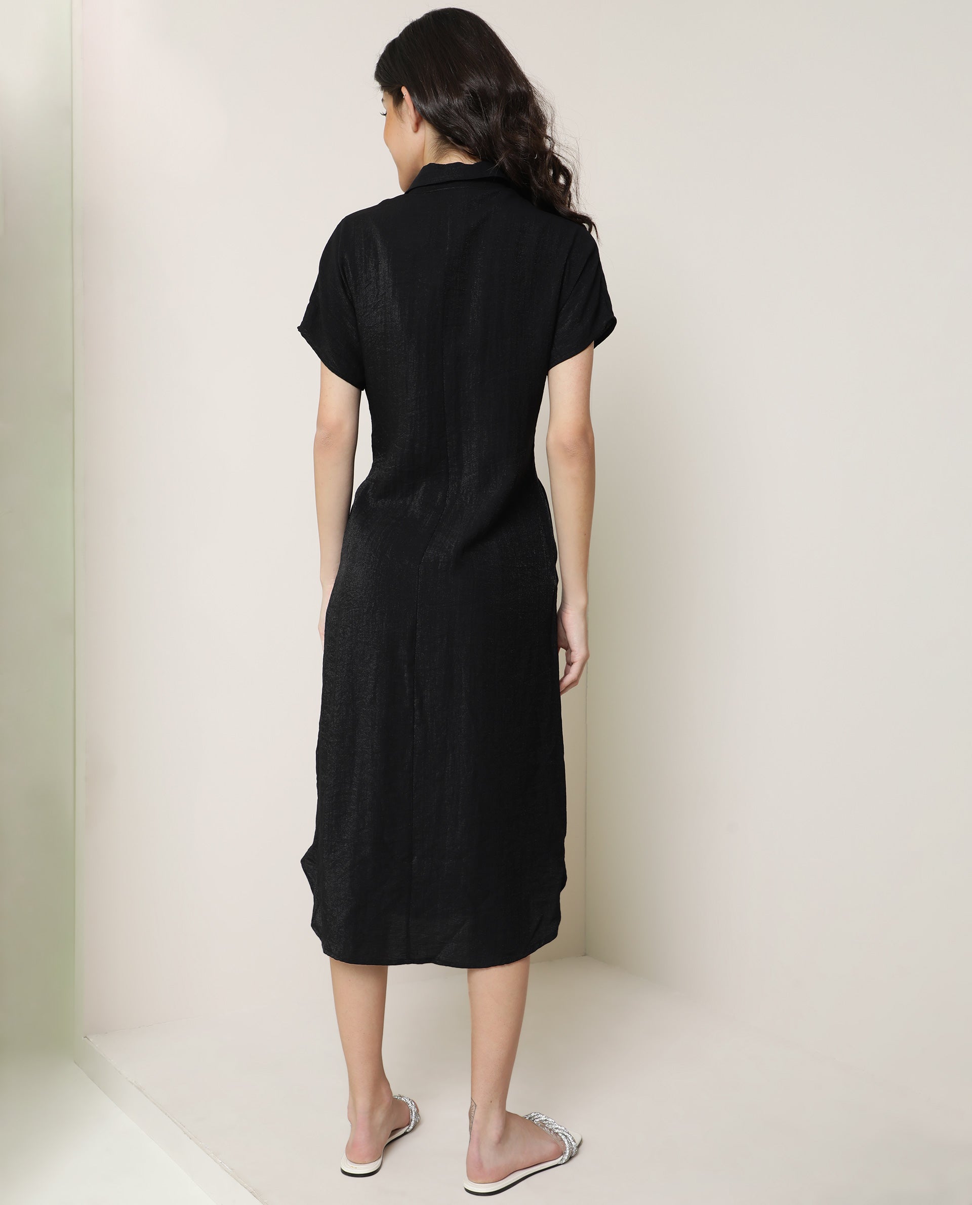 Rareism Women Kori Black Dress Rayon Nylon Fabric Full Sleeves Solid