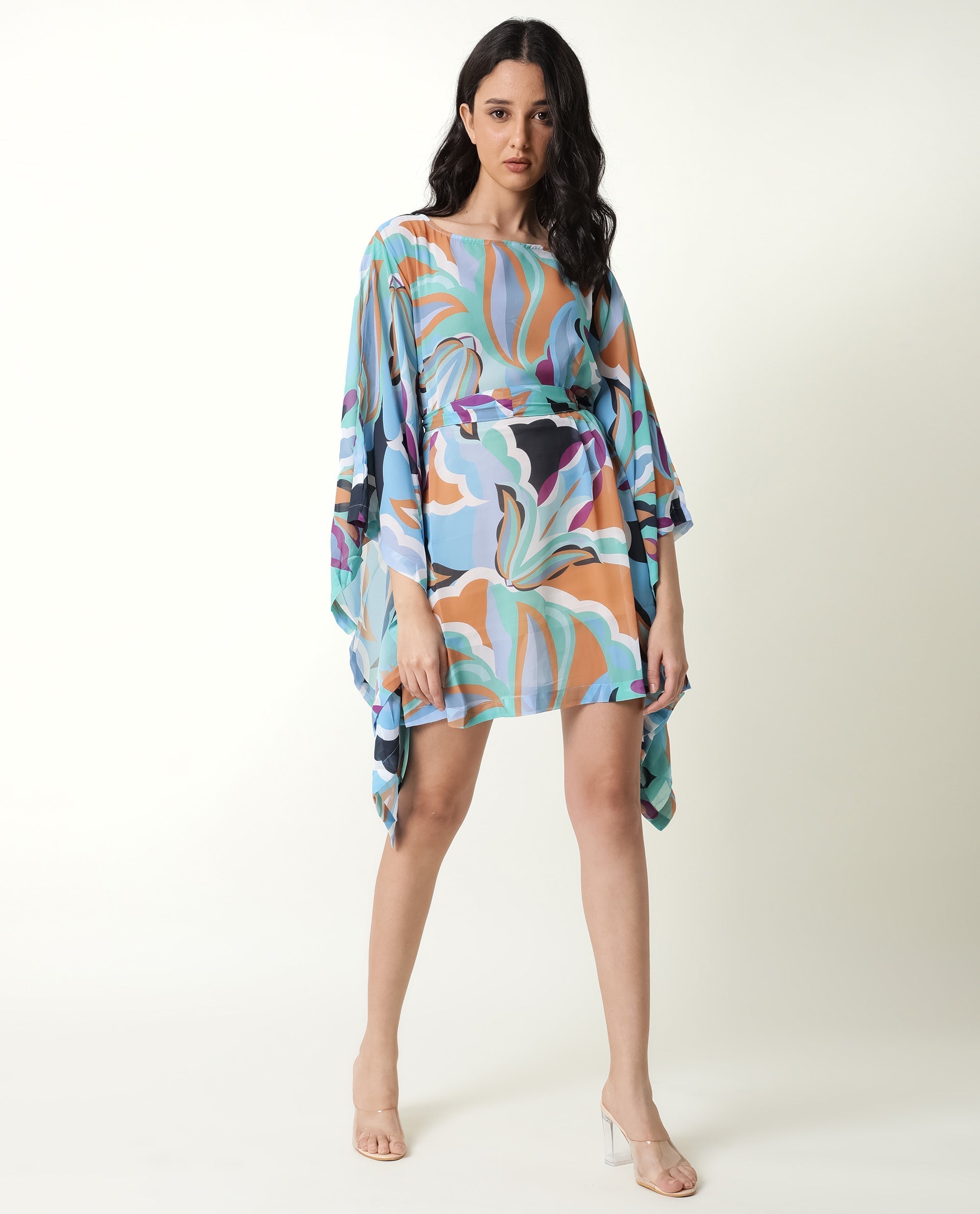 Rareism Women's Meevio Multi Boat Neck Abstract Print Flared Sleeve Knee Length Regular Fit Dress