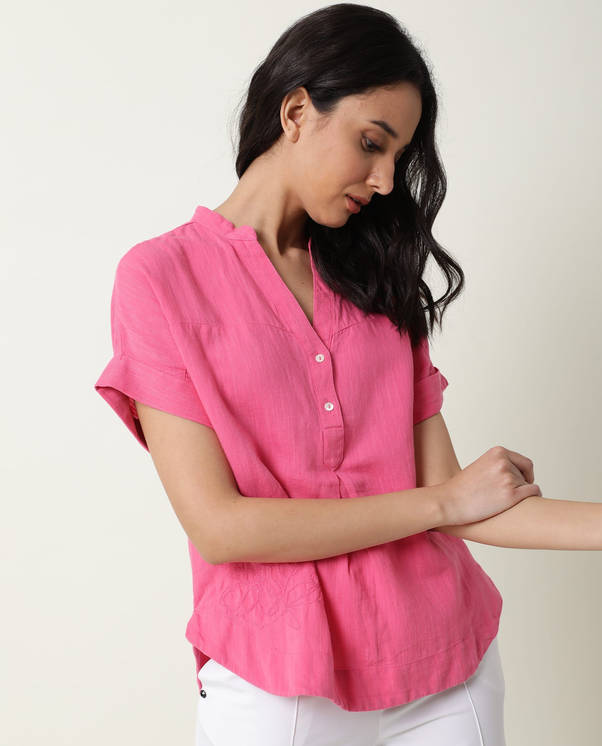 Rareism Womens Rebecca Pink Top Cotton Linen Fabric Short Sleeve V Neck