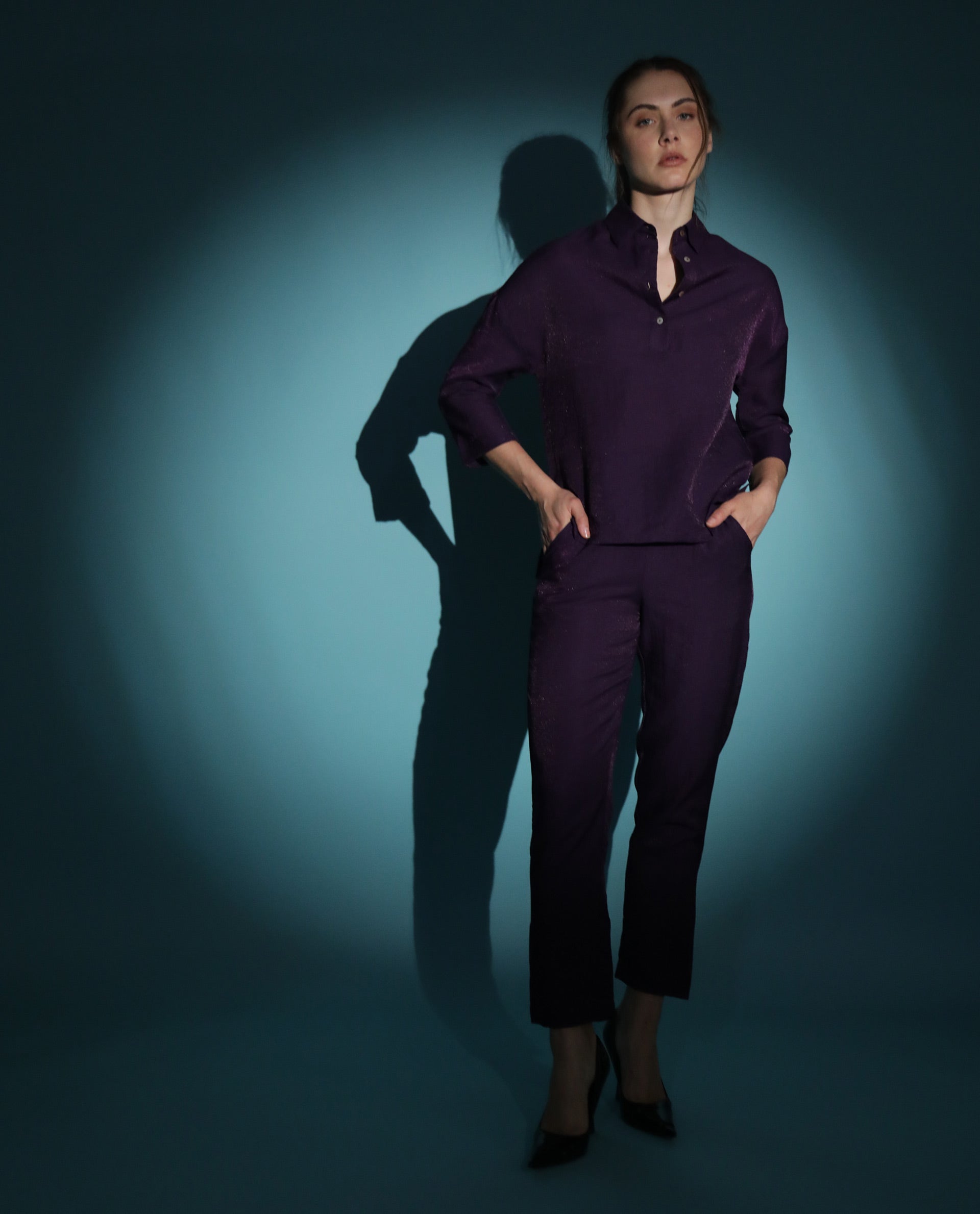 Rareism Women Velynn Dark Purple Polyester Fabric Regular Fit Shirt Collar 3/4Th Sleeves Solid Top